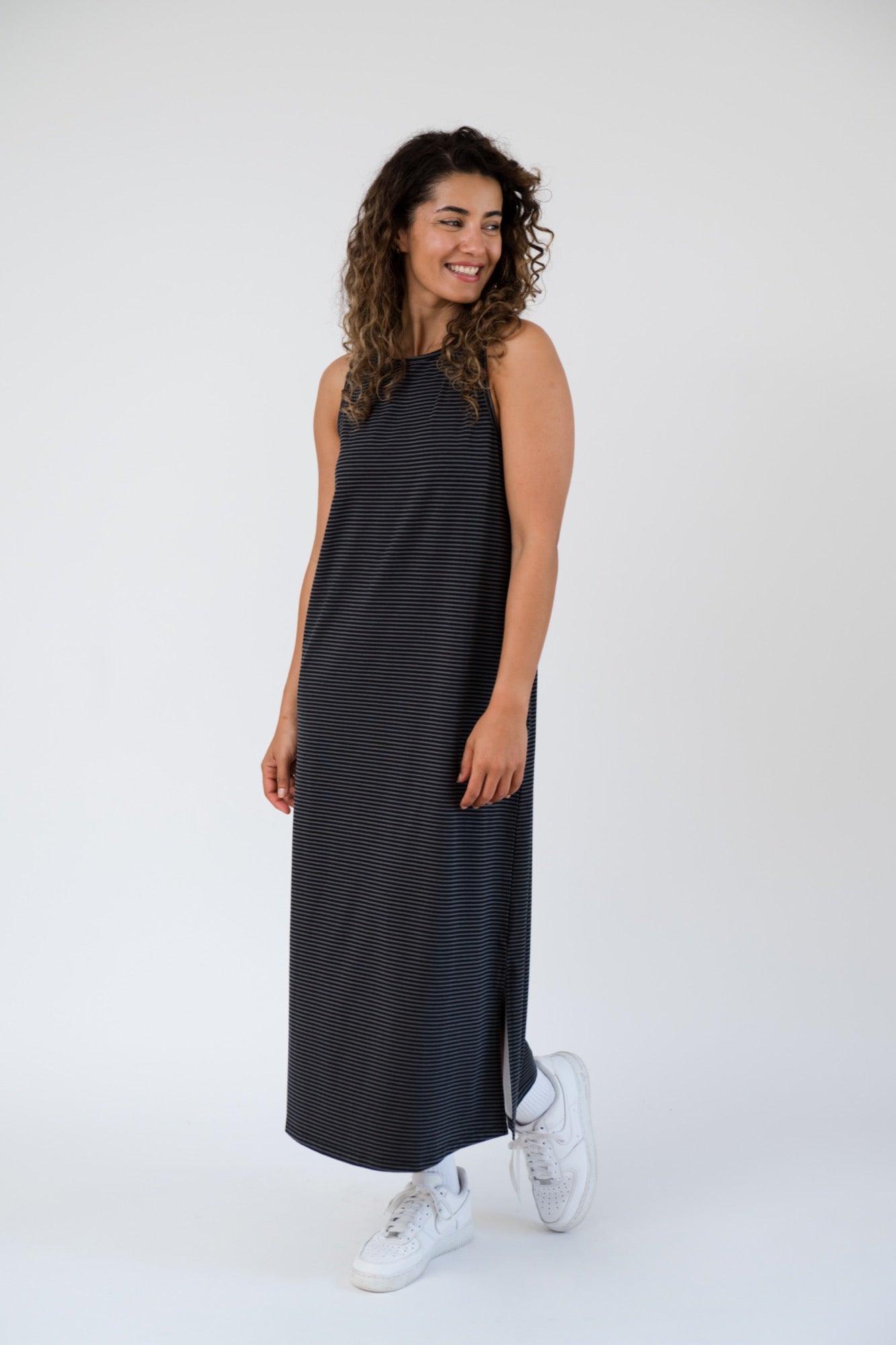 Thalia Midi Dress in Charcoal Stripe