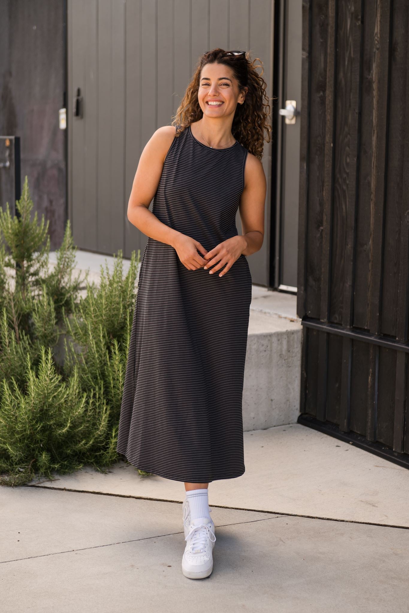 Thalia Midi Dress in Charcoal Stripe