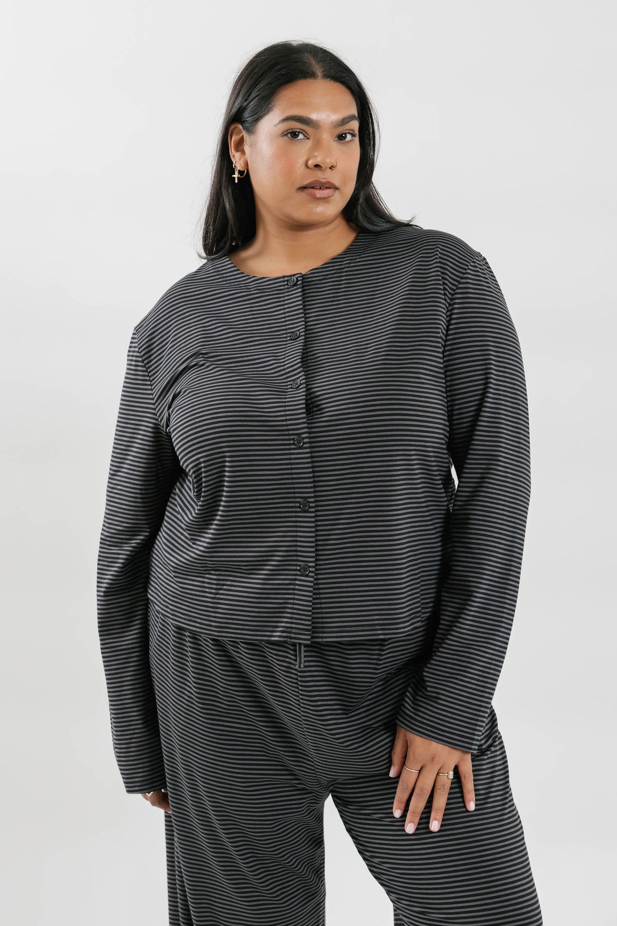Thalia Button Up Top in Charcoal Stripe
