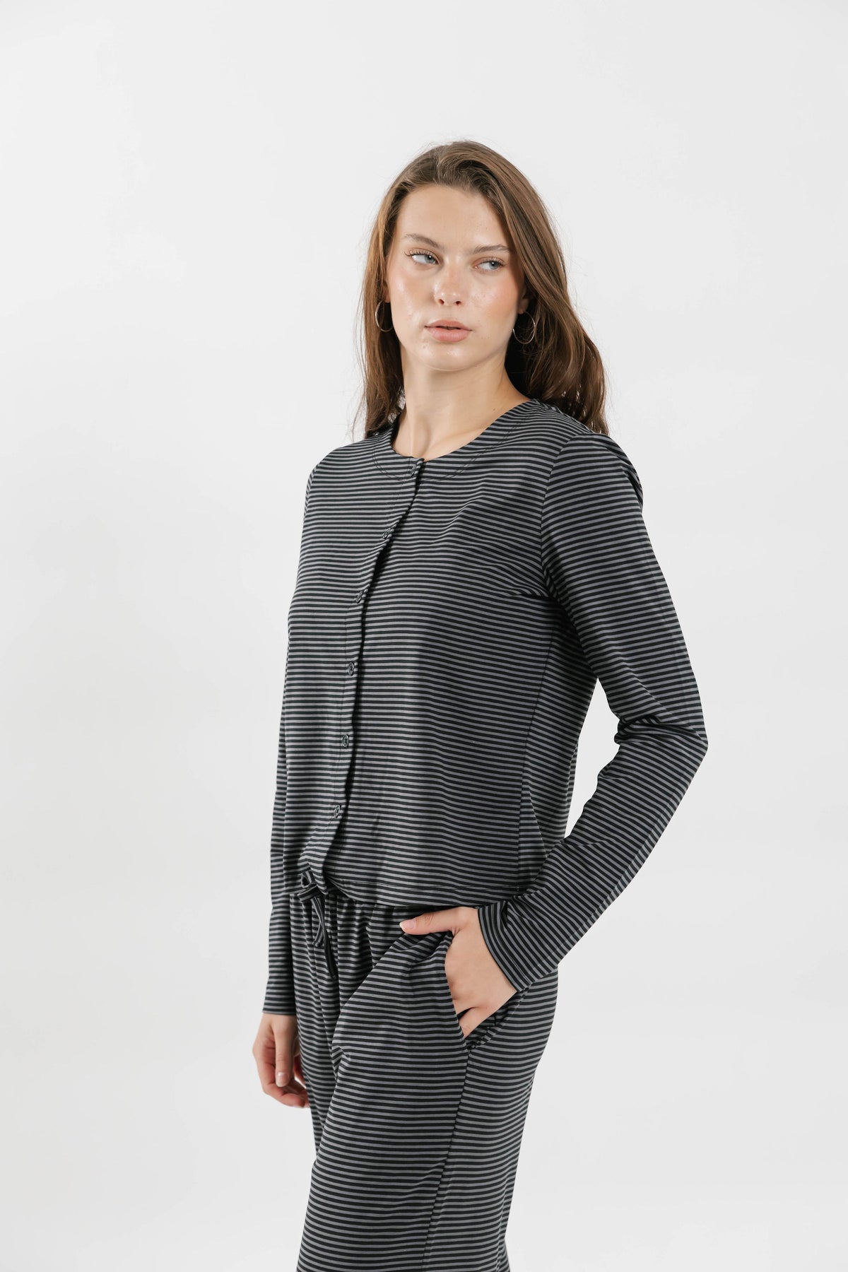 Thalia Button Up Top in Charcoal Stripe