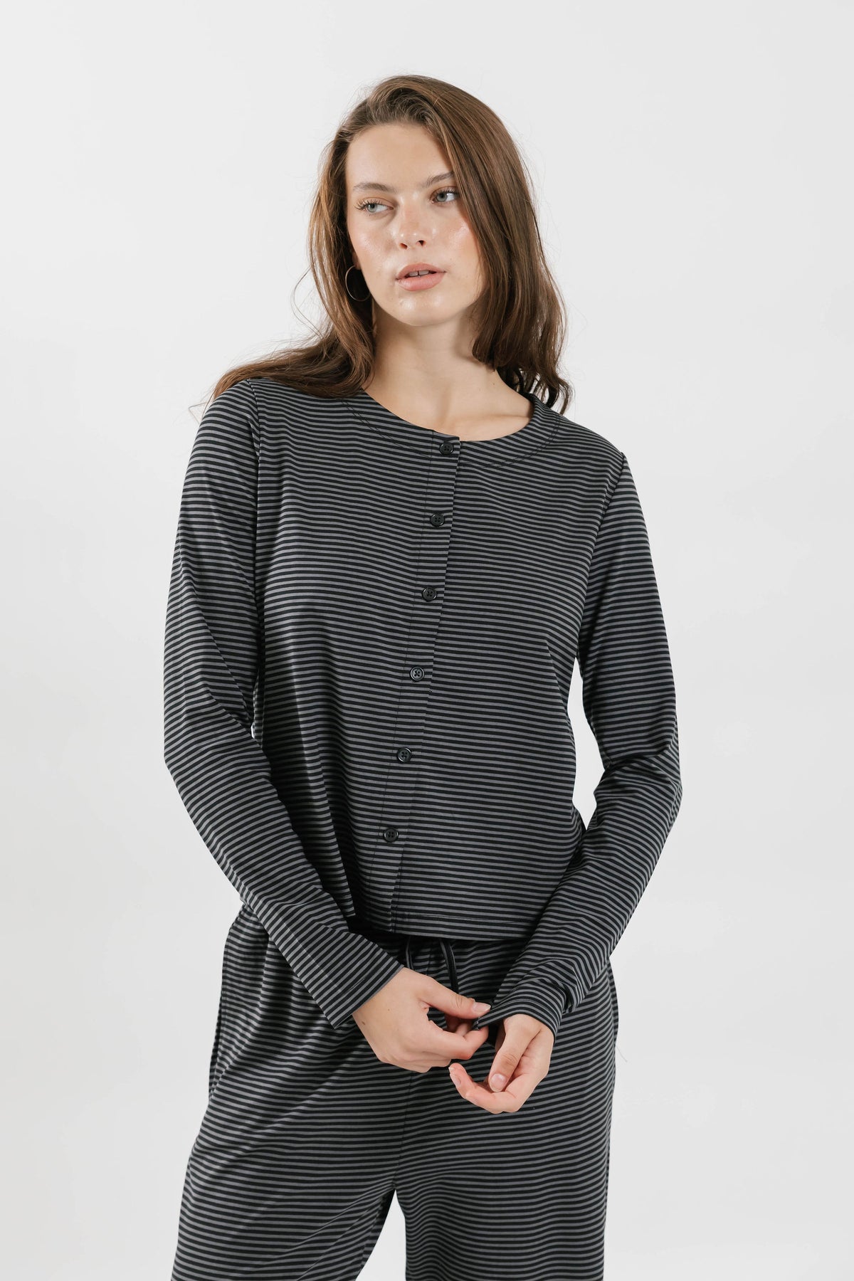 Thalia Button Up Top in Charcoal Stripe
