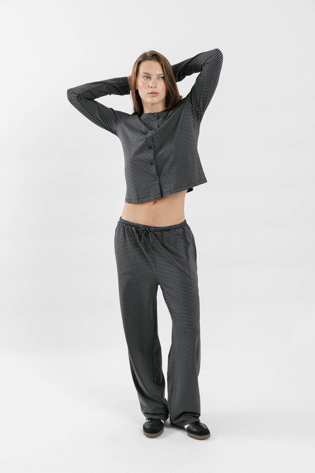 Thalia Button Up Top in Charcoal Stripe