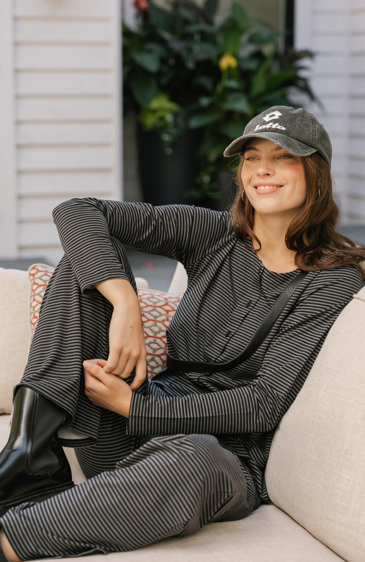 Thalia Button Up Top in Charcoal Stripe