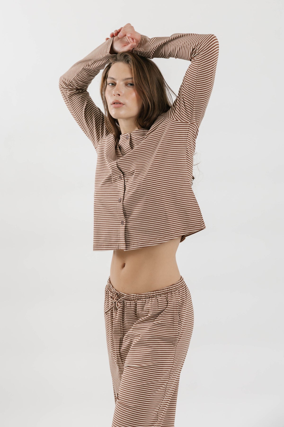 Thalia Button Up Top in Tiramisu Stripe