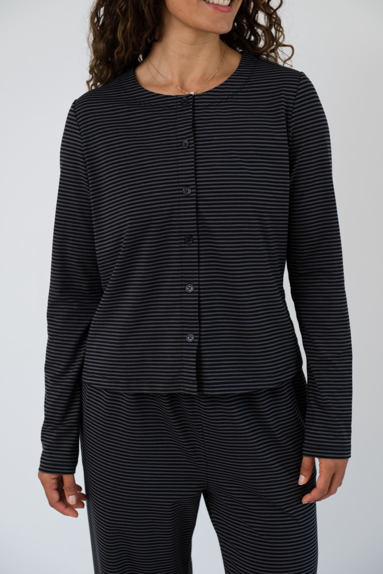 Thalia Button Up Top in Charcoal Stripe