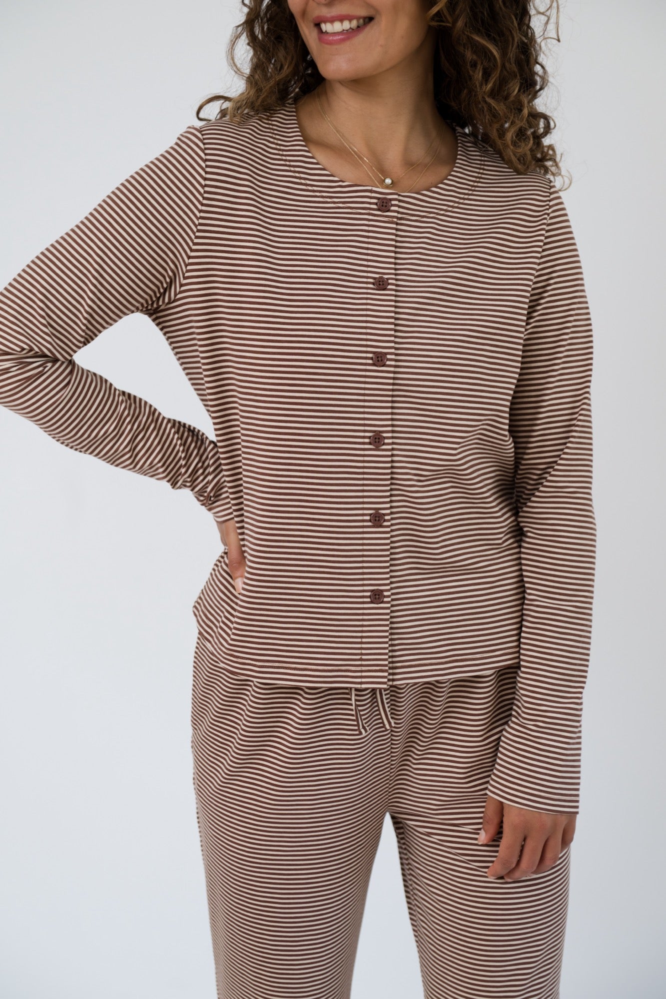 Thalia Button Up Top in Tiramisu Stripe