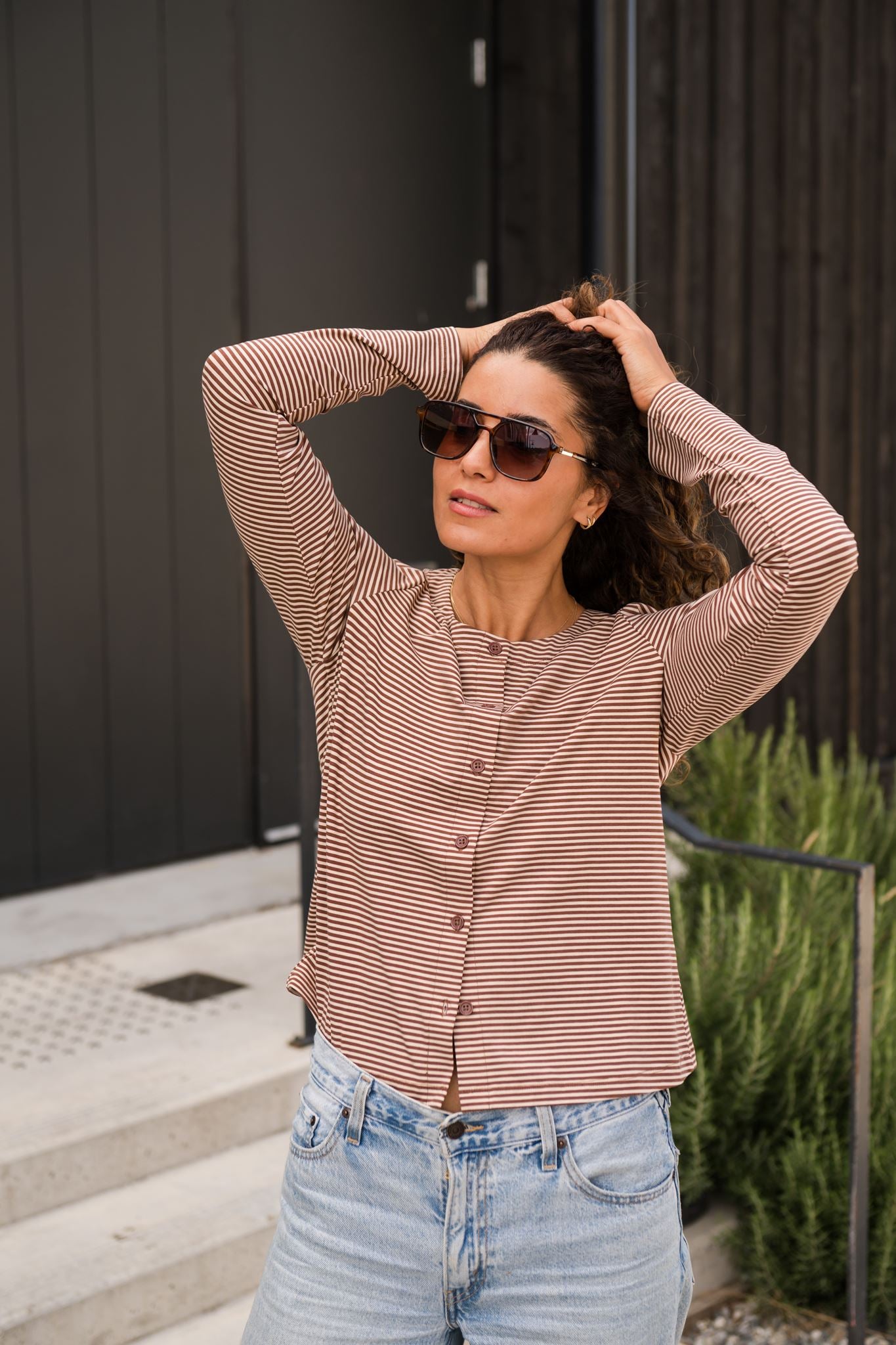 Thalia Button Up Top in Tiramisu Stripe