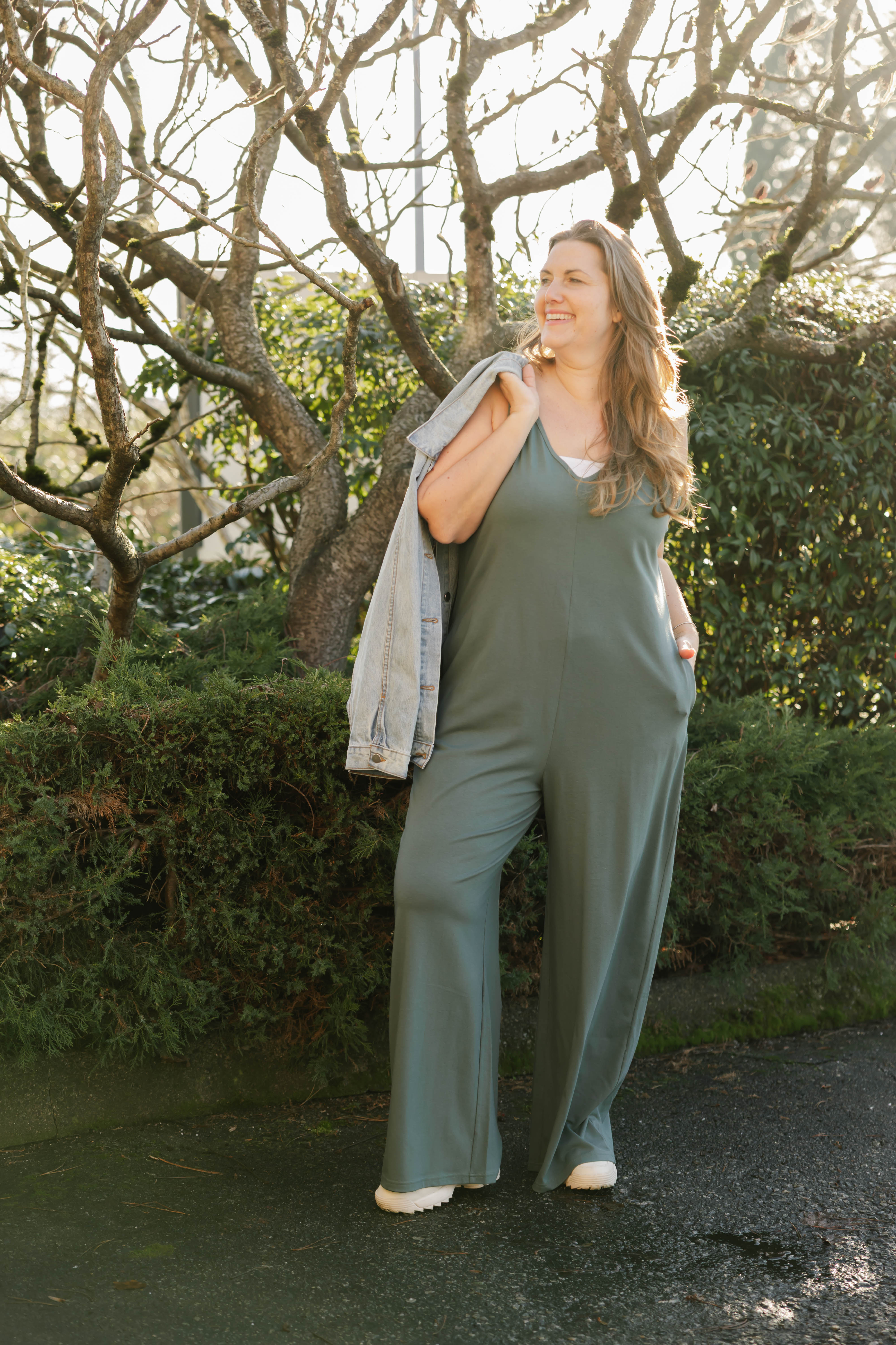 Tuesday Wide Leg Romper in Smoky Green