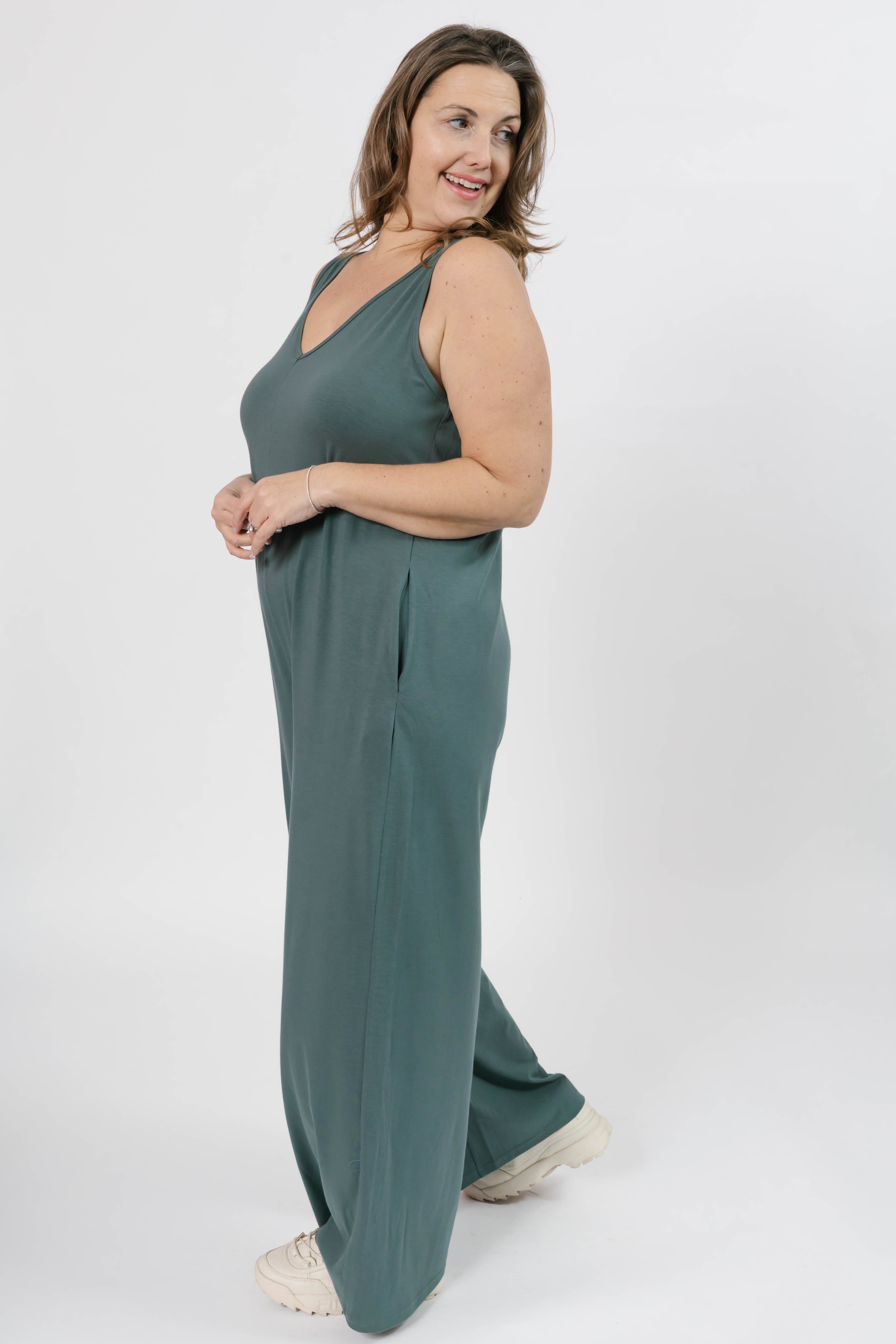Tuesday Wide Leg Romper in Smoky Green