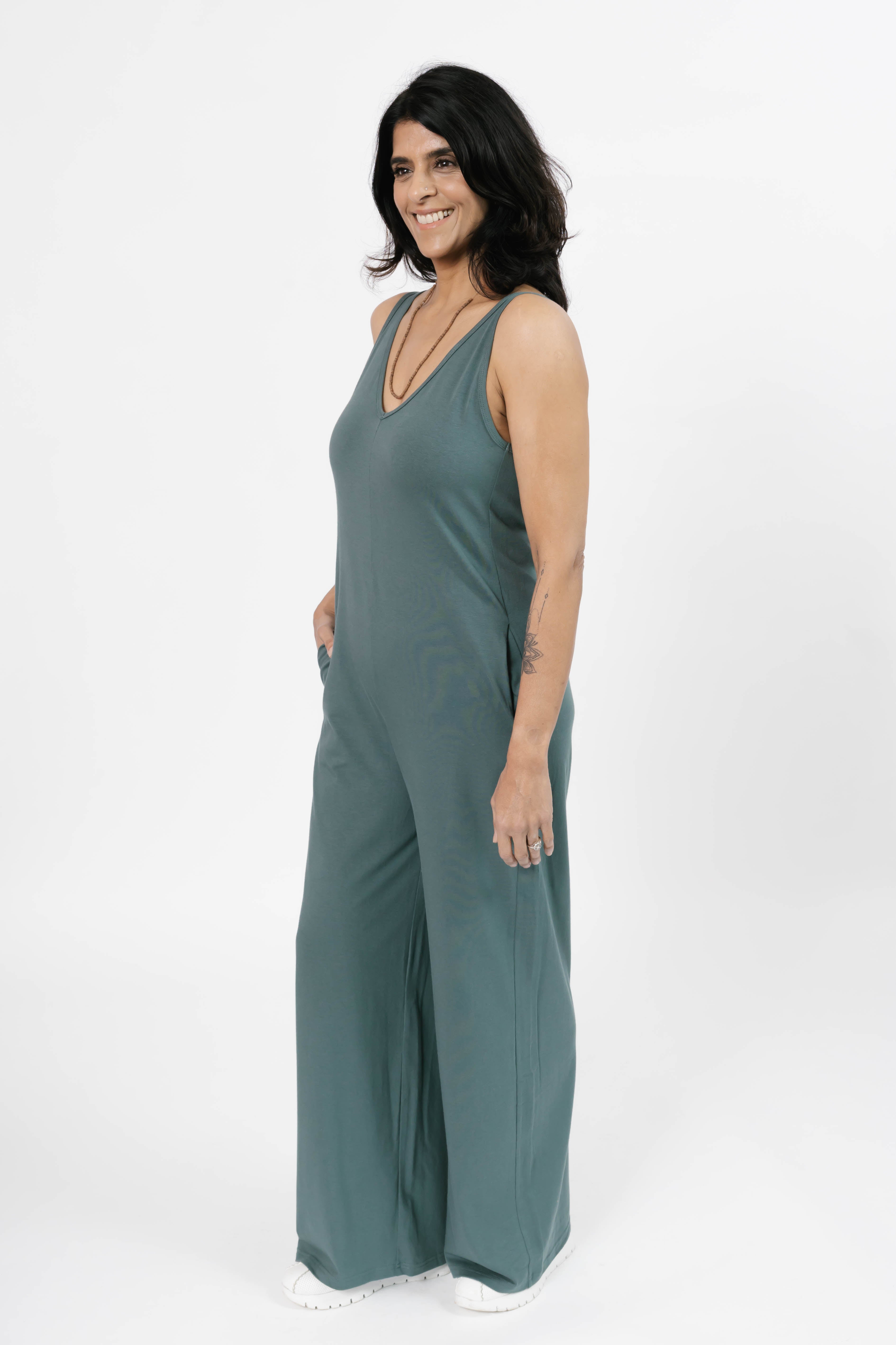 Tuesday Wide Leg Romper in Smoky Green