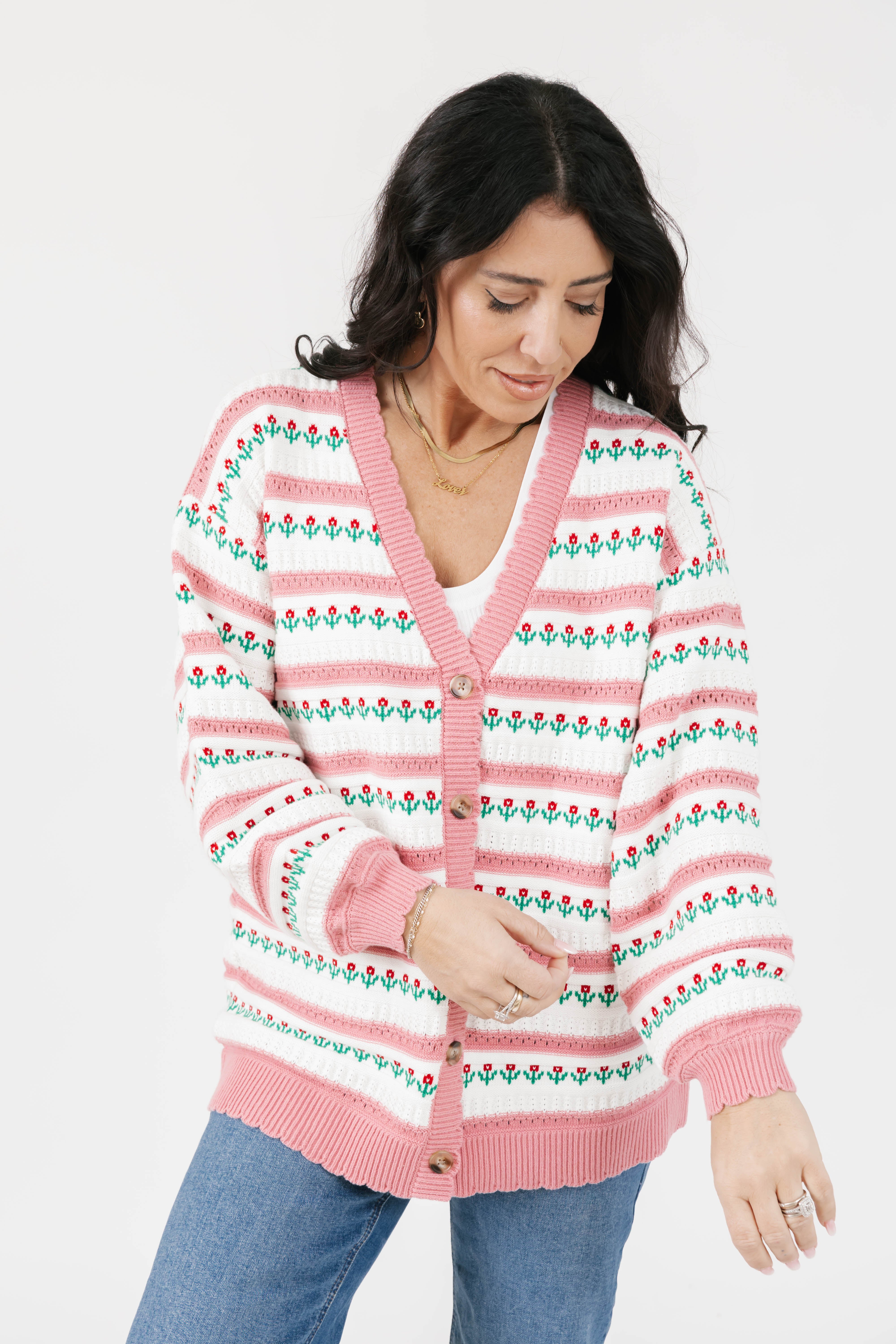 Tulip Cardigan in White/Pink