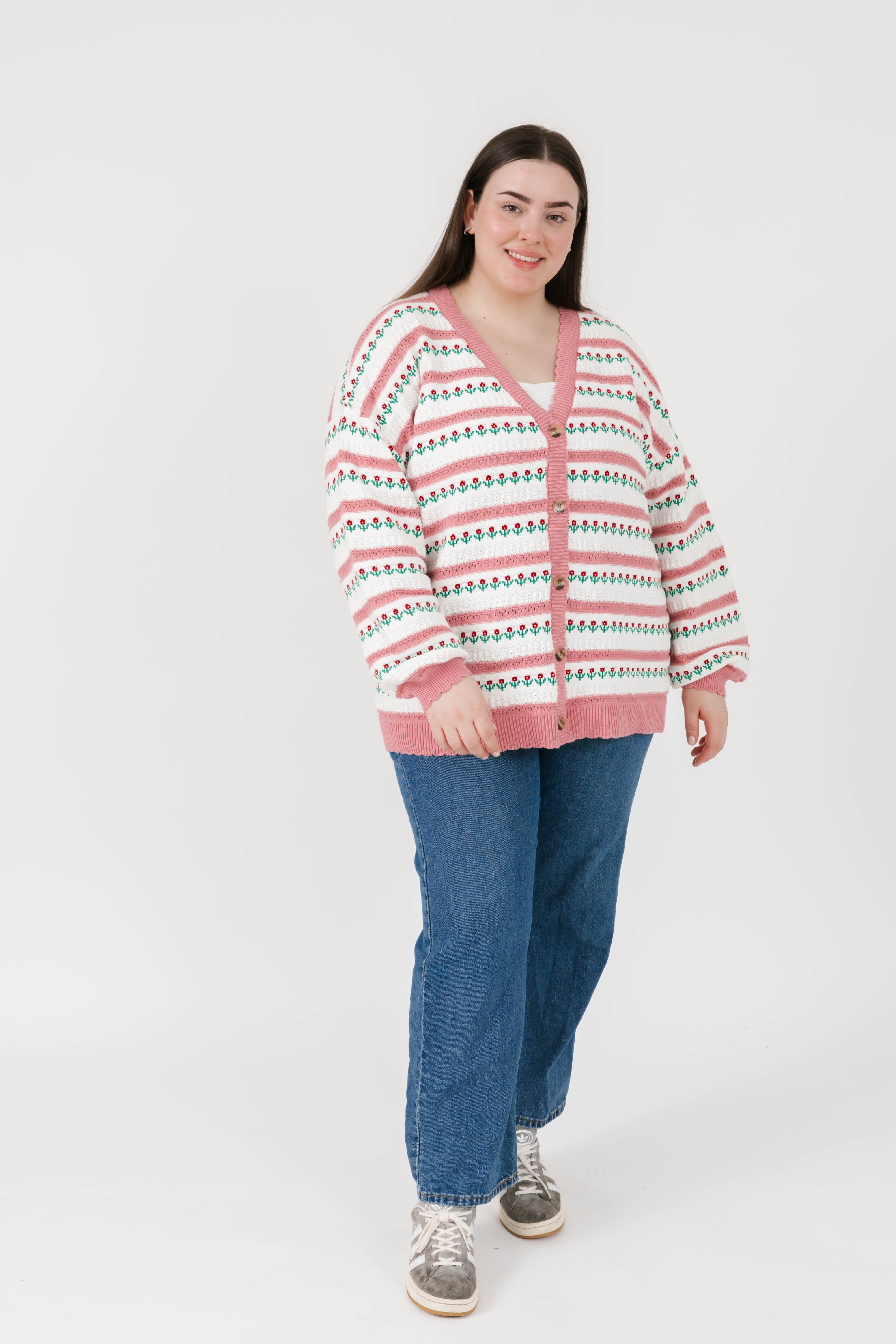Tulip Cardigan in White/Pink