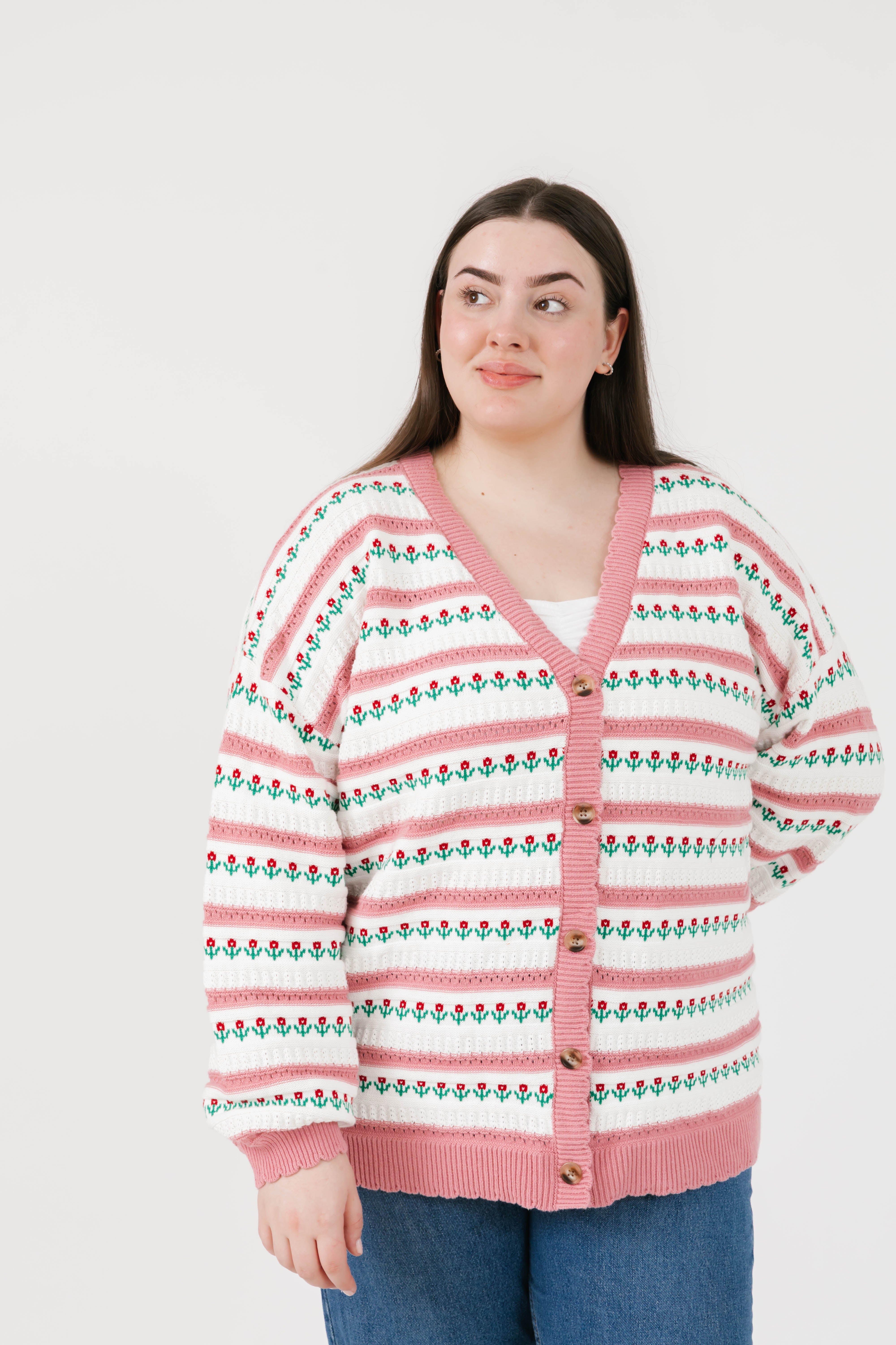 Tulip Cardigan in White/Pink