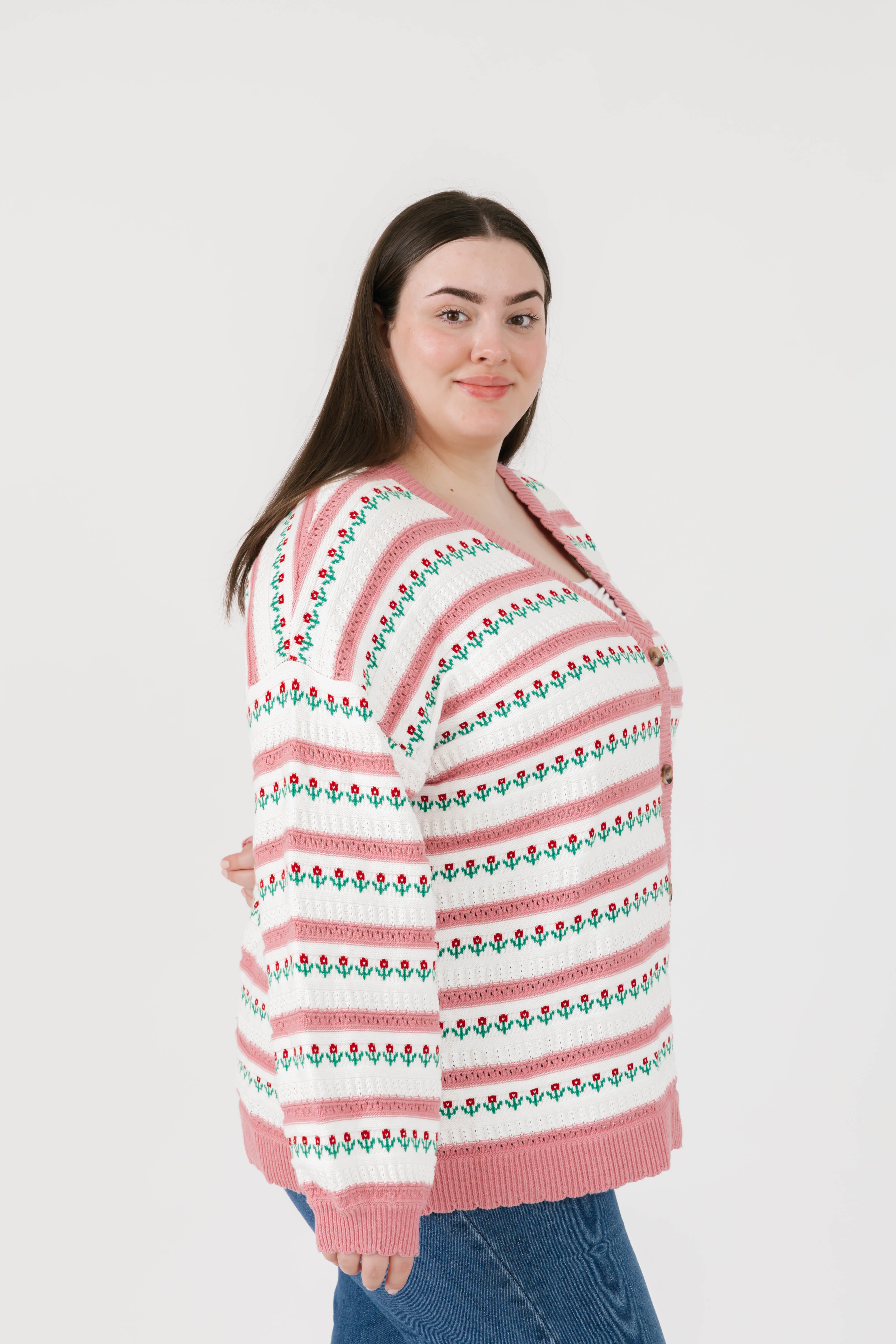 Tulip Cardigan in White/Pink