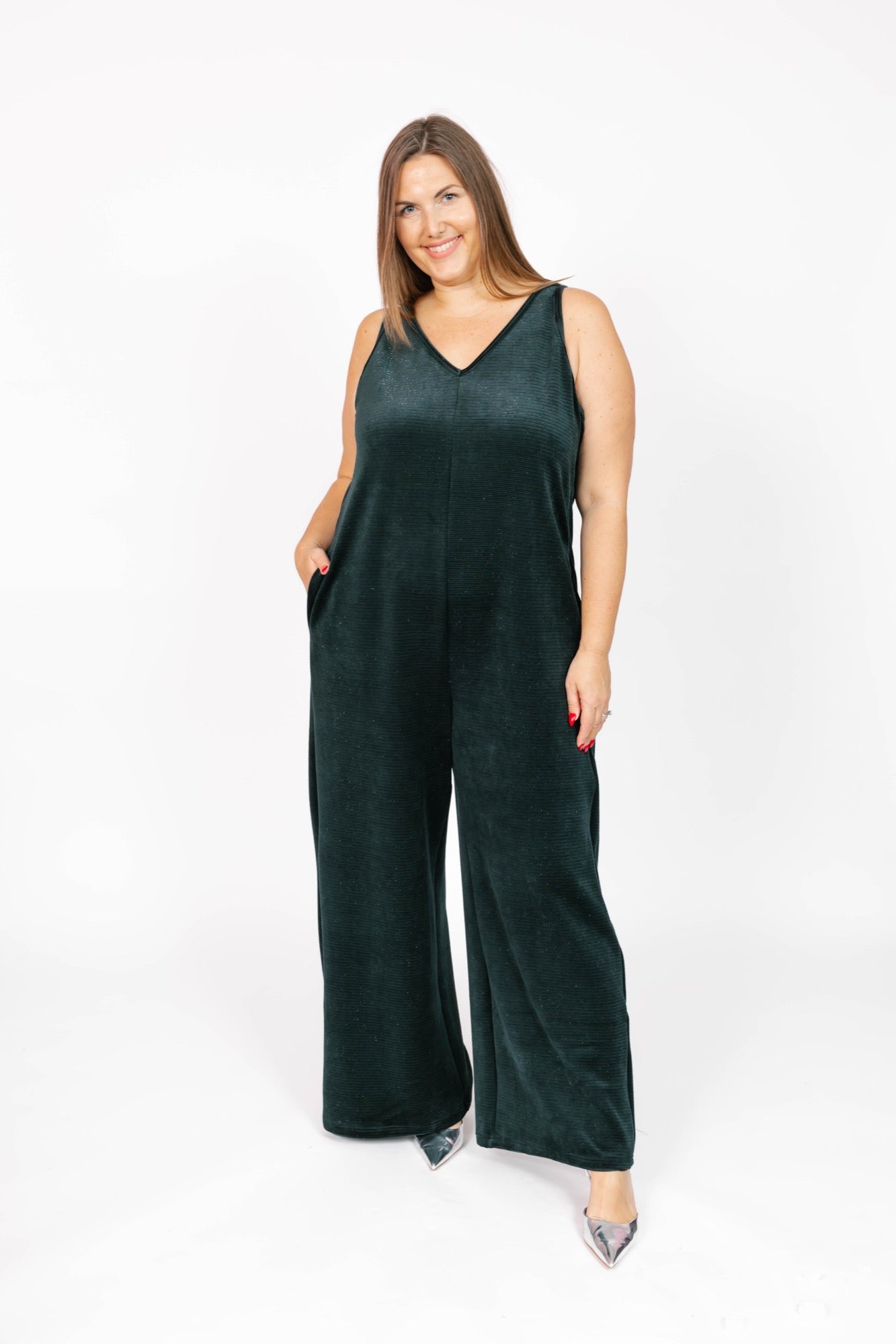 Tuesday Wide Leg Velvet Romper in Sparkle Green