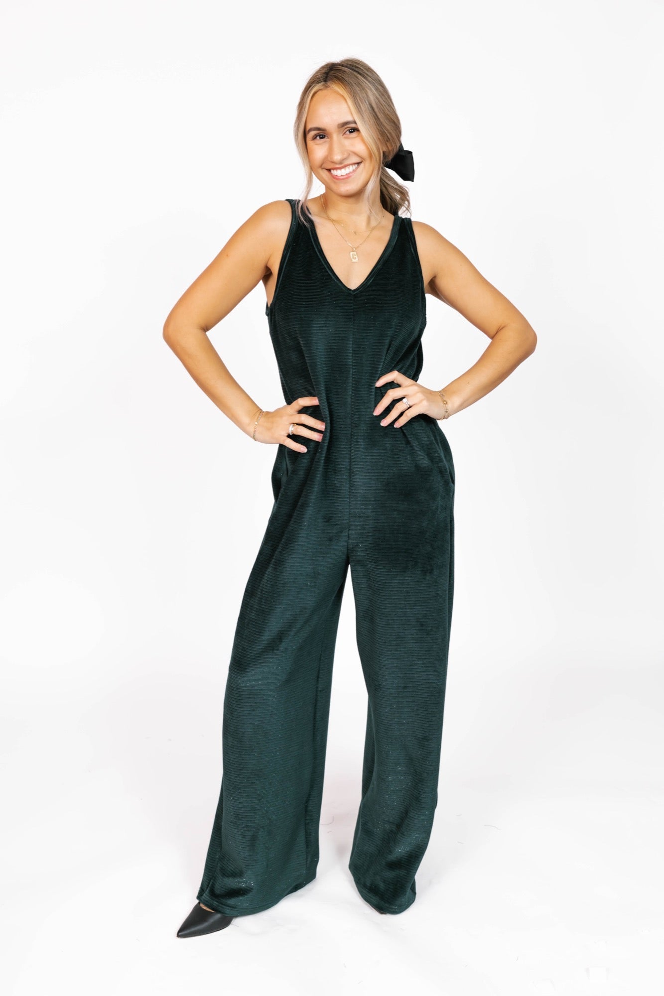 Tuesday Wide Leg Velvet Romper in Sparkle Green