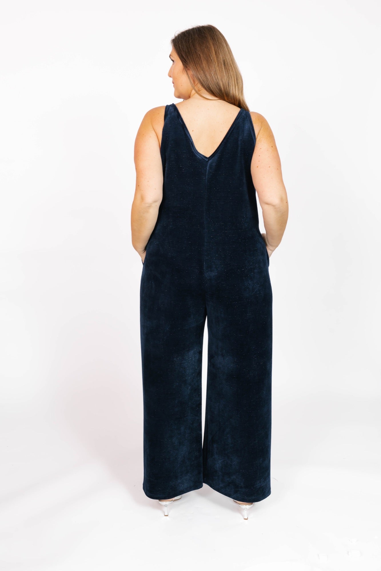 Tuesday Wide Leg Velvet Romper in Sparkle Navy