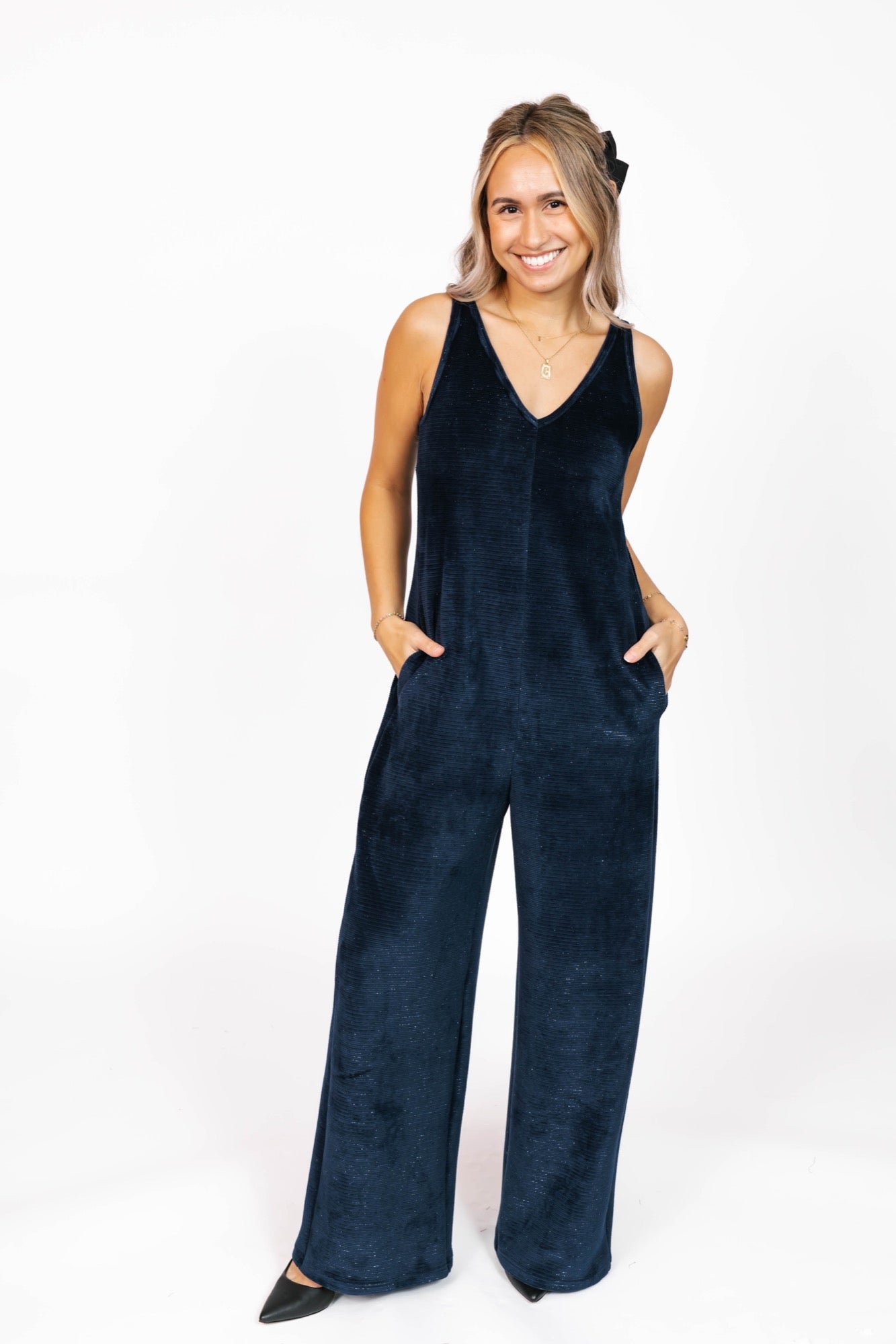 Tuesday Wide Leg Velvet Romper in Sparkle Navy