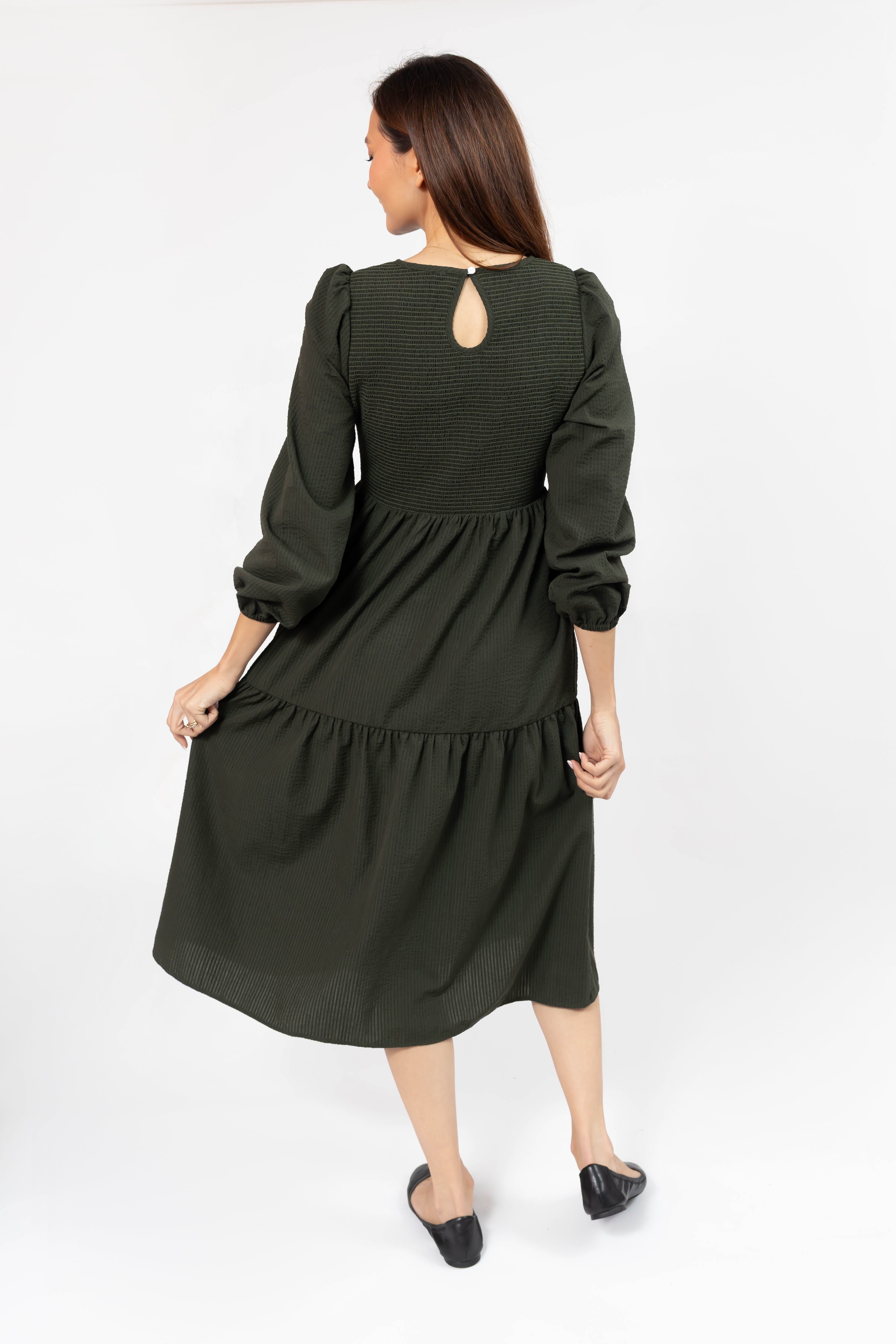 Vera Smocked Midi Dress in Dark Olive