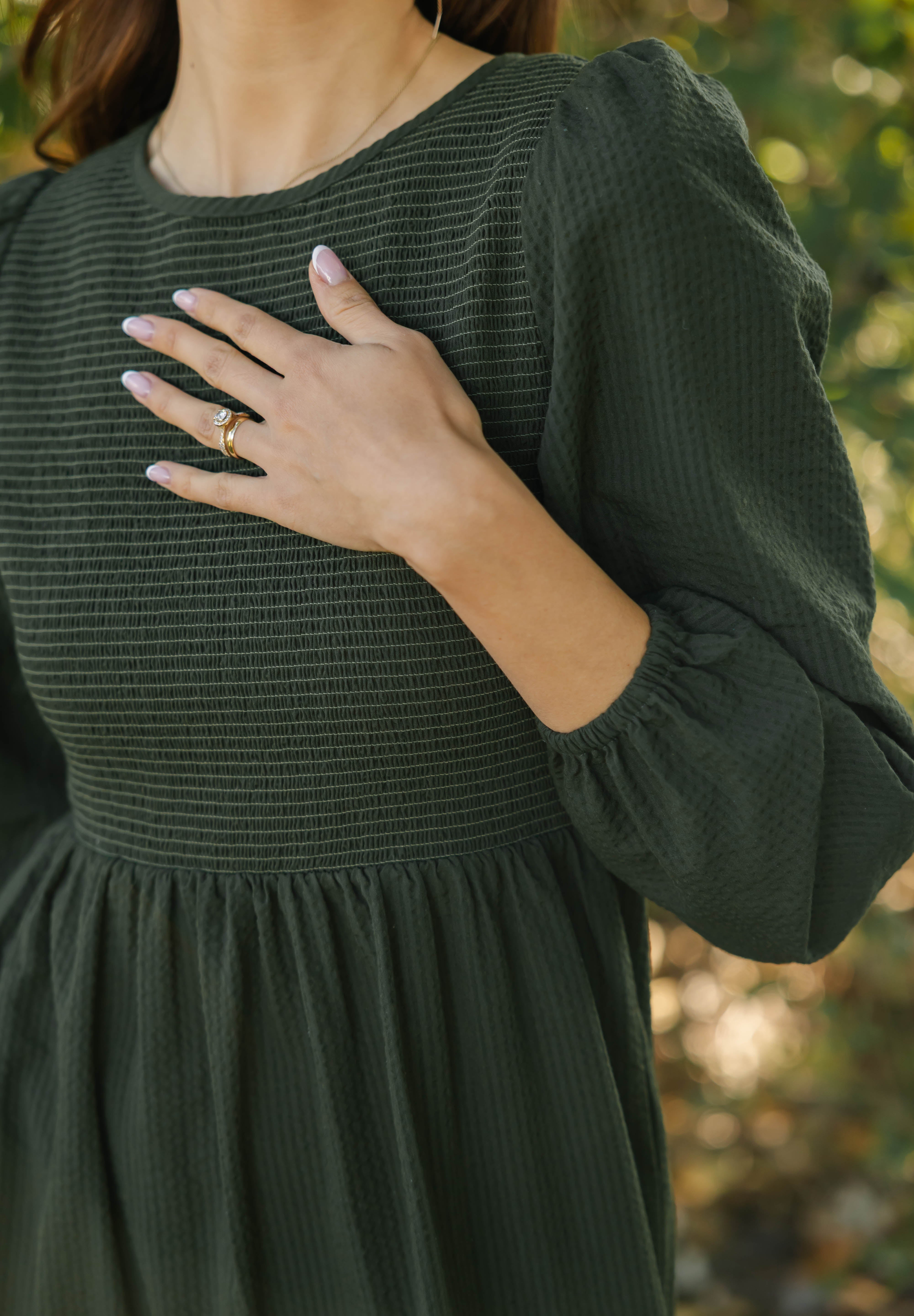 Vera Smocked Midi Dress in Dark Olive