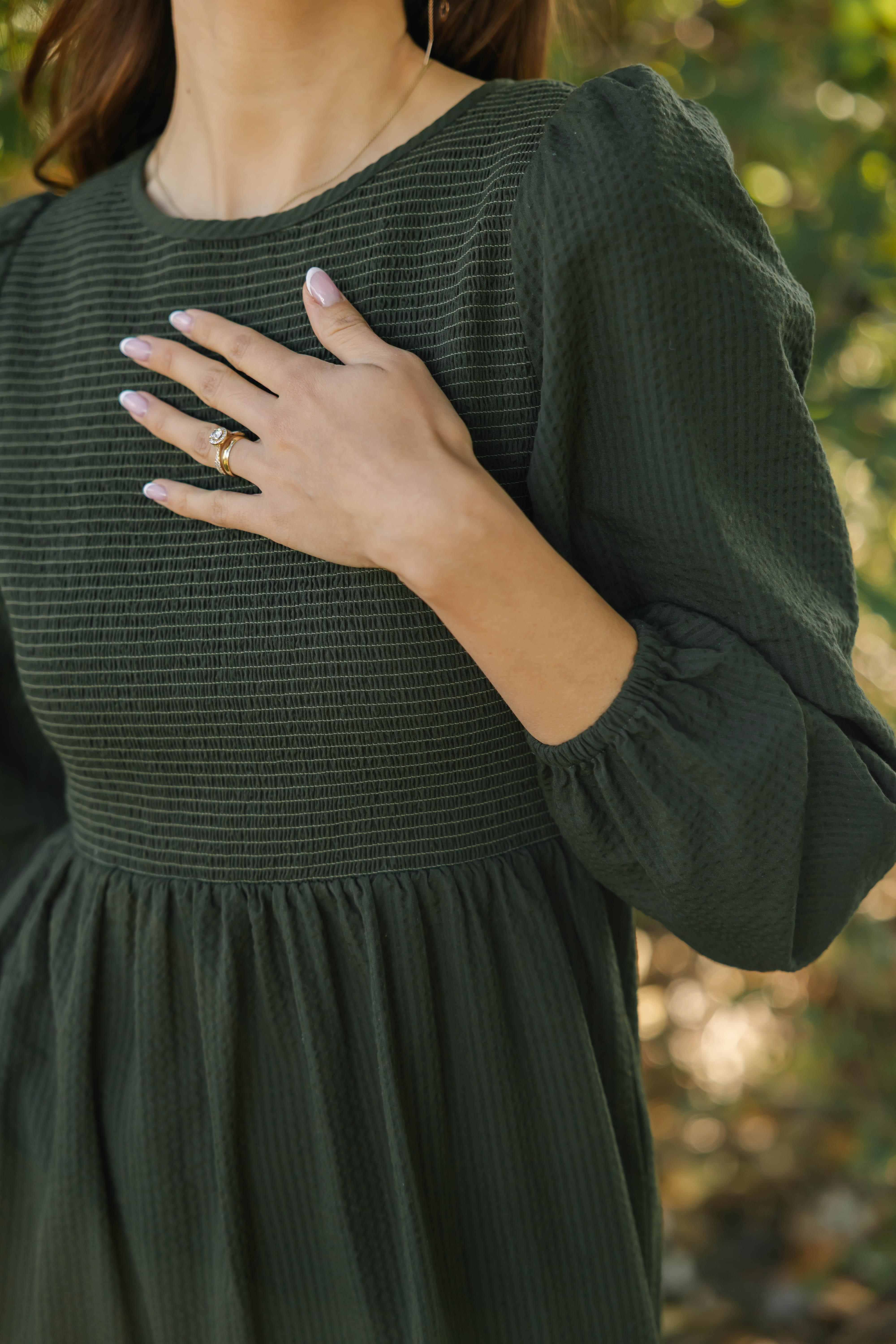 Vera Smocked Midi Dress in Dark Olive