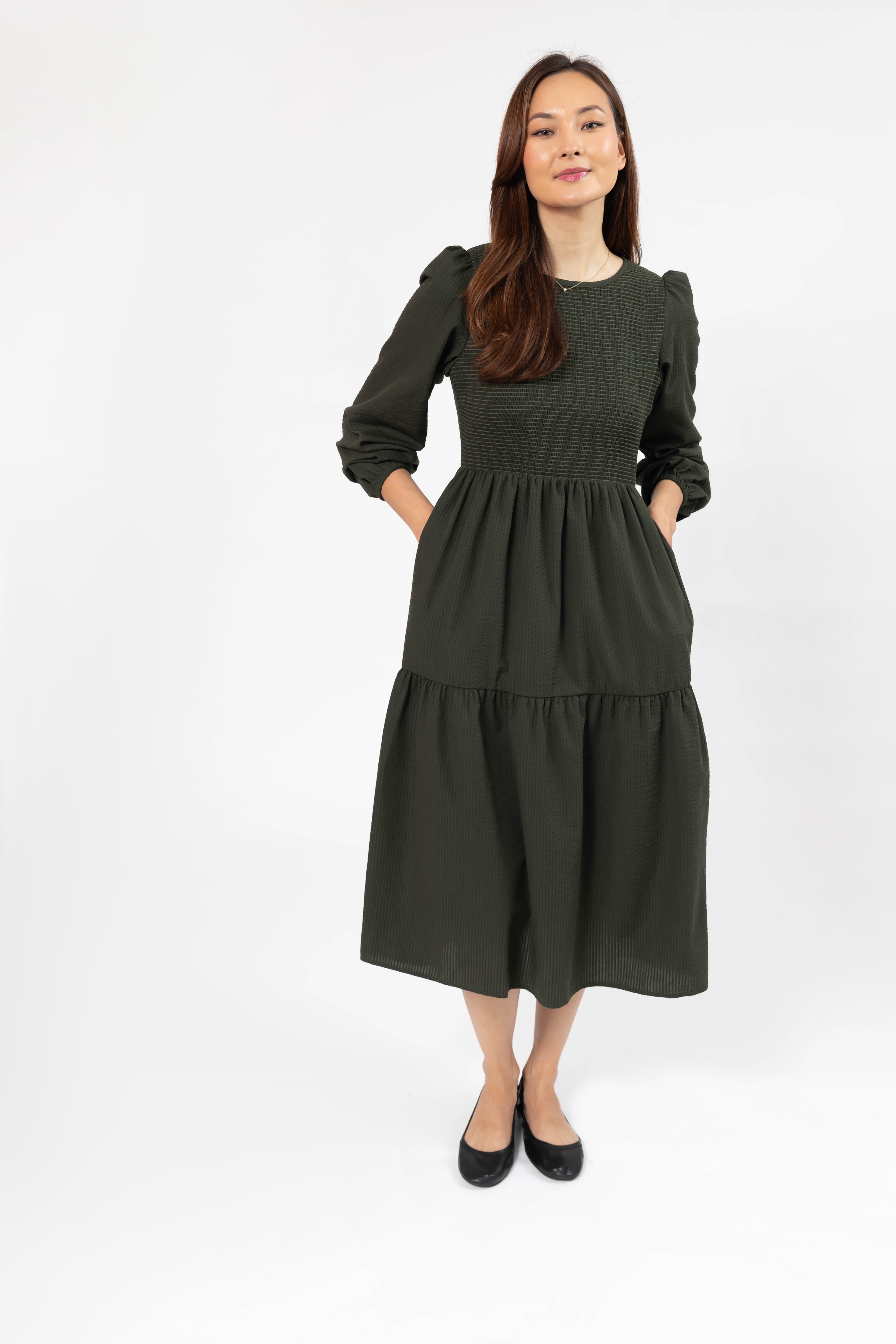Vera Smocked Midi Dress in Dark Olive