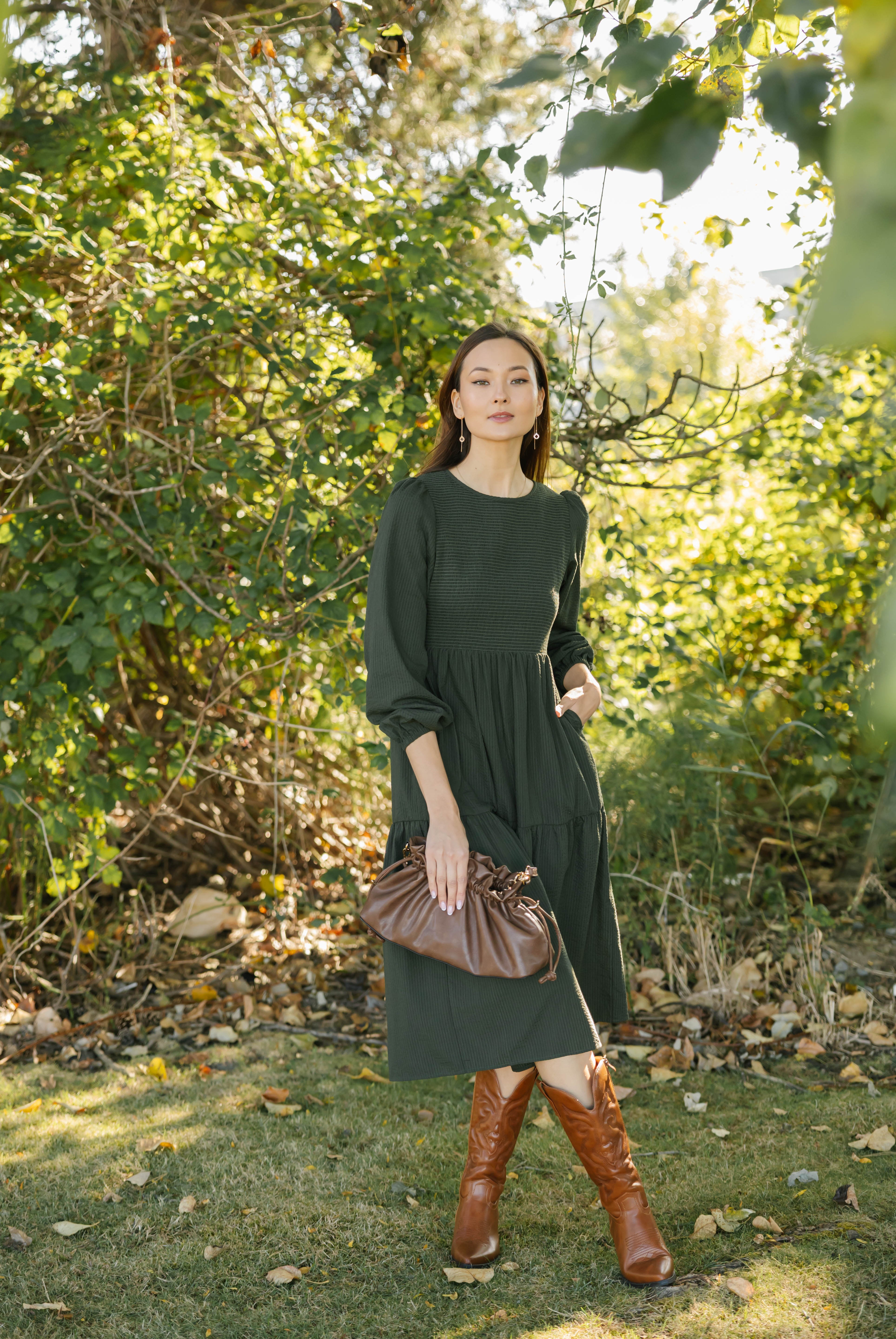 Vera Smocked Midi Dress in Dark Olive