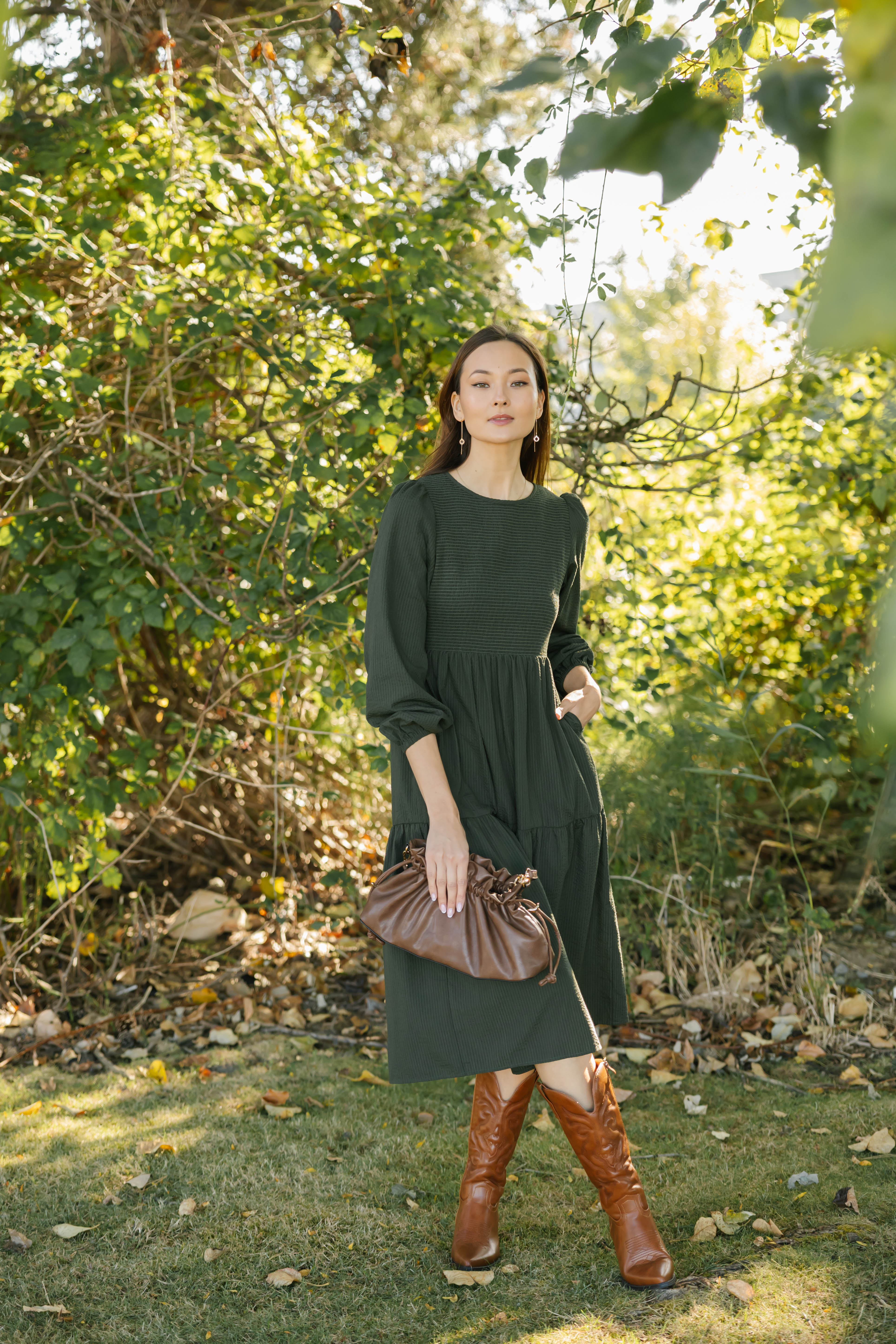 Vera Smocked Midi Dress in Dark Olive
