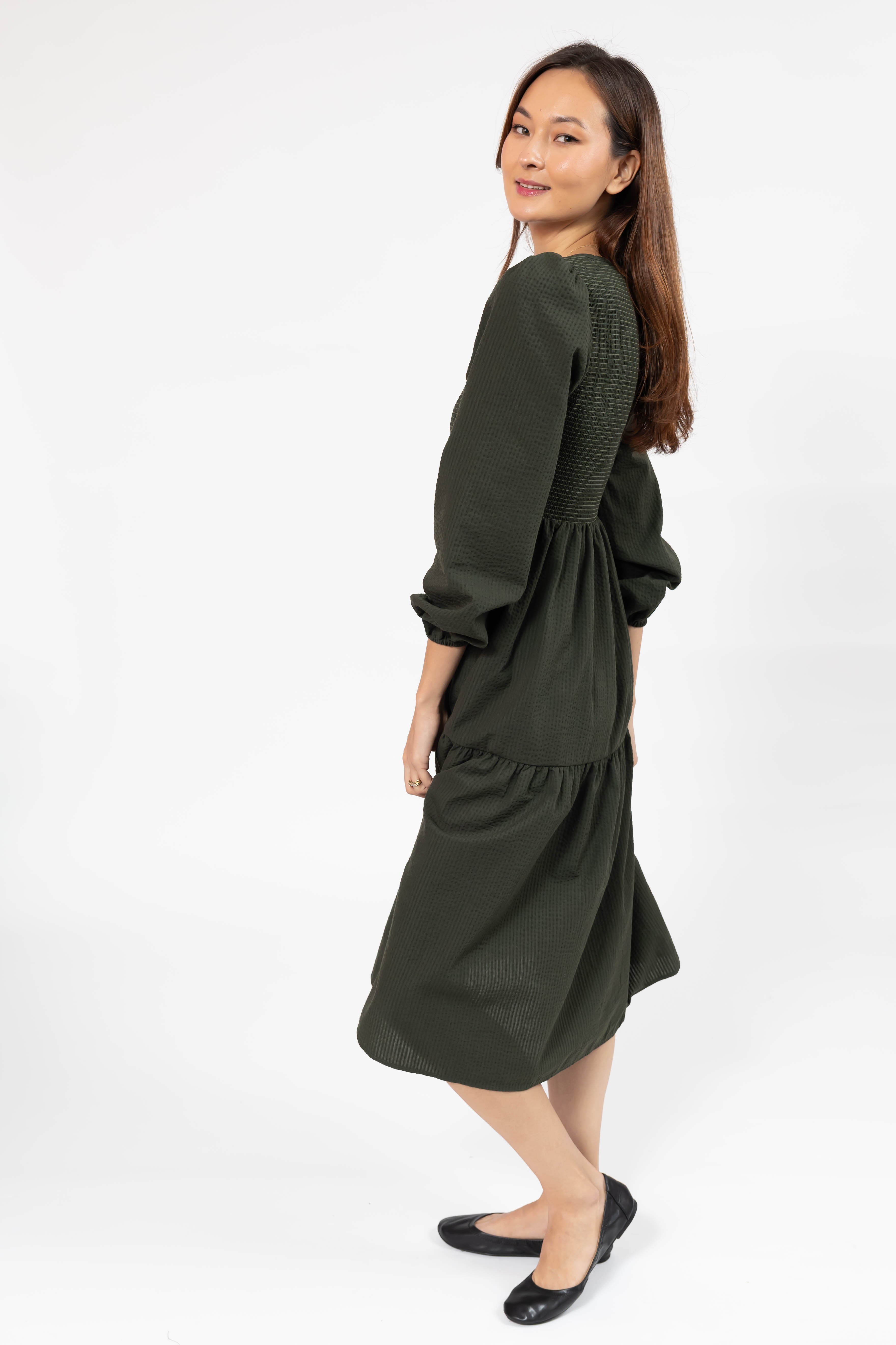 Vera Smocked Midi Dress in Dark Olive