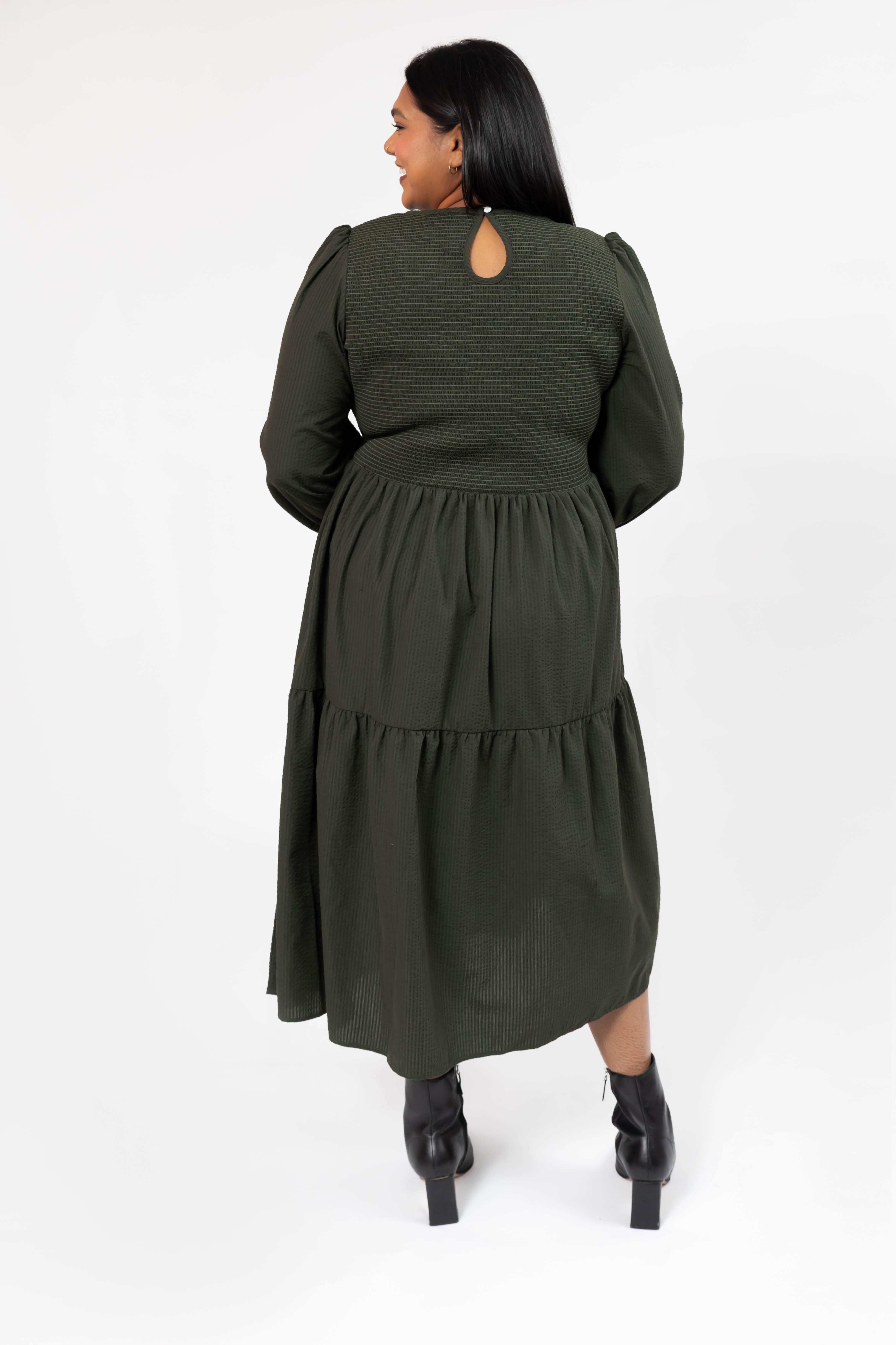 Vera Smocked Midi Dress in Dark Olive