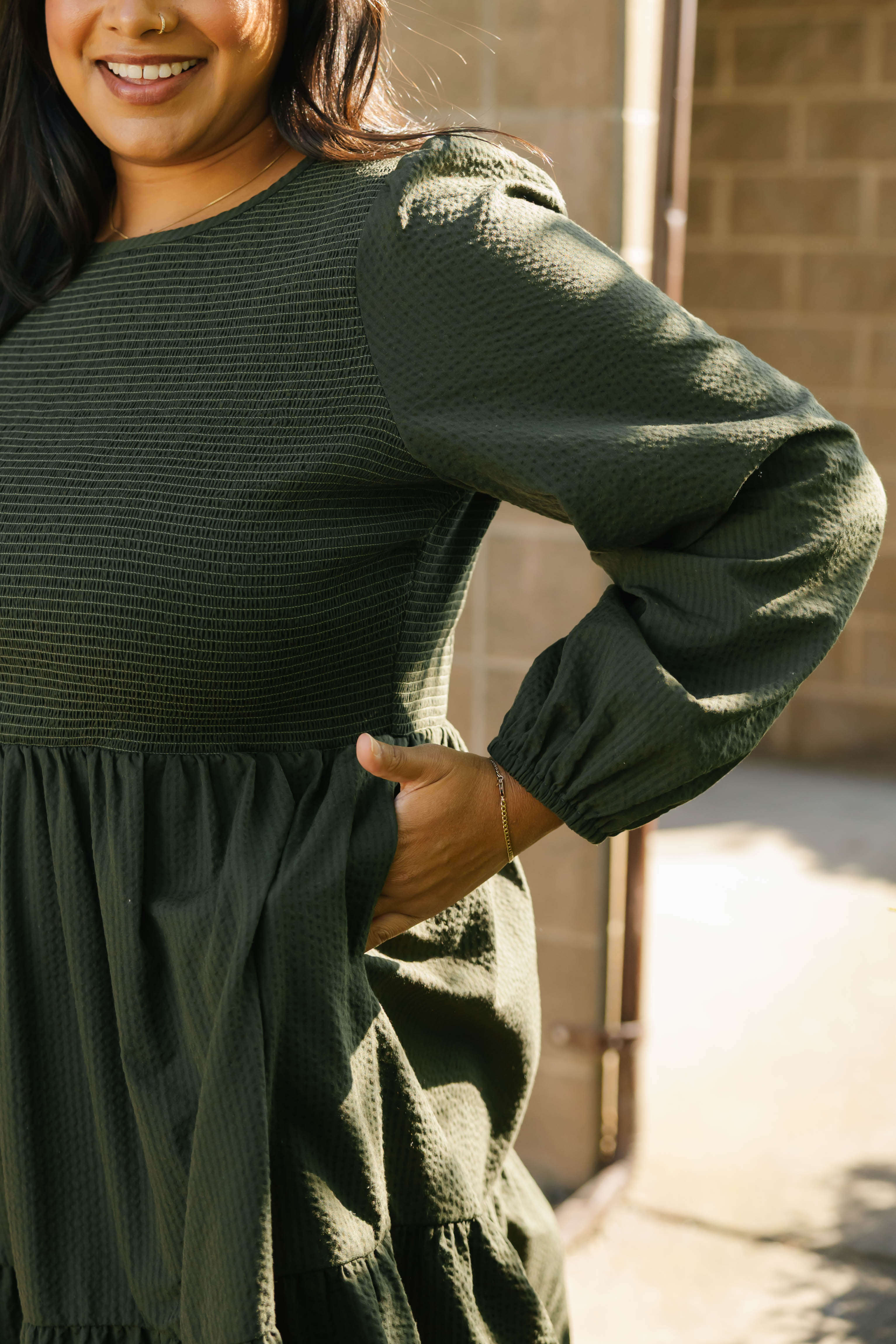Vera Smocked Midi Dress in Dark Olive