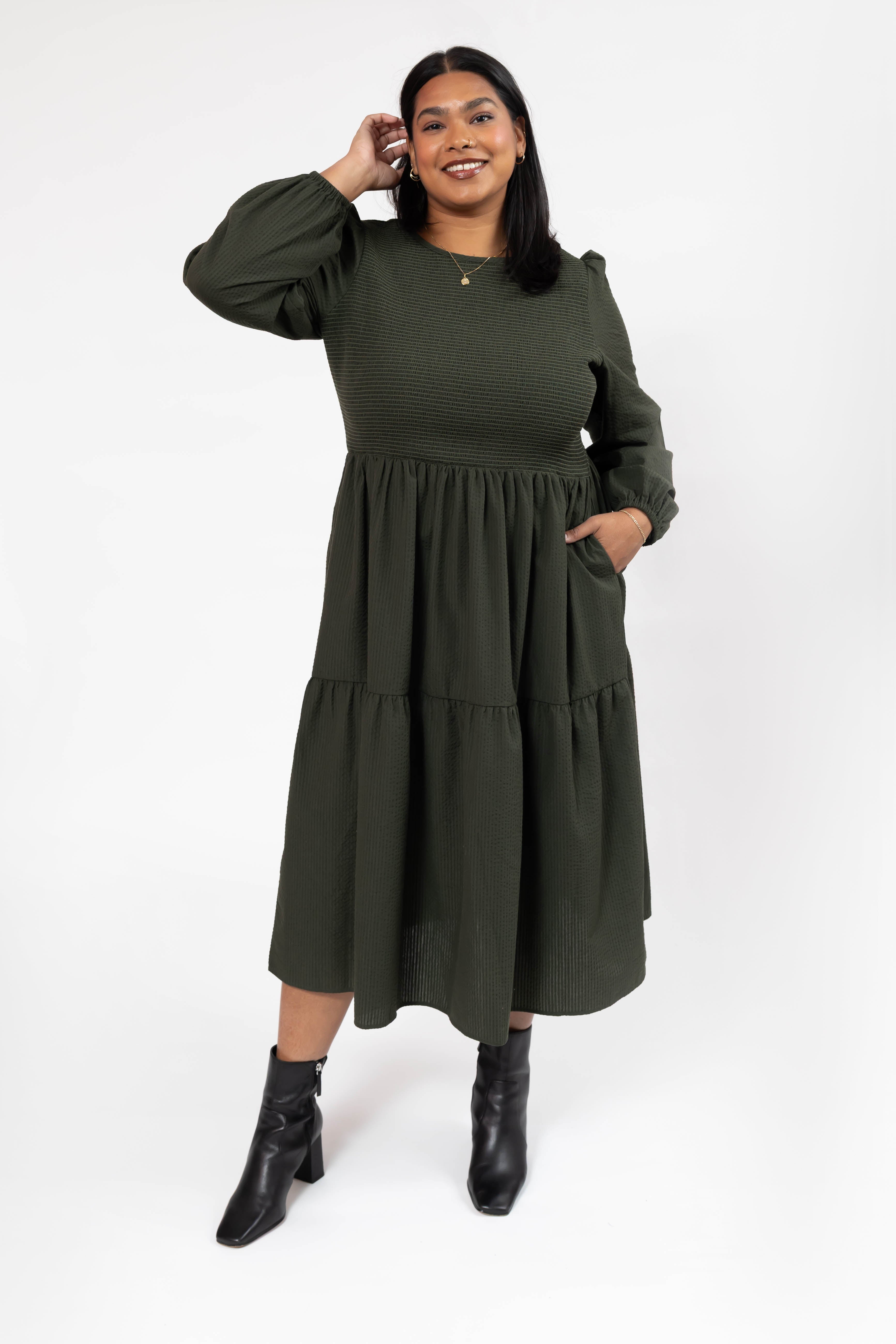 Vera Smocked Midi Dress in Dark Olive
