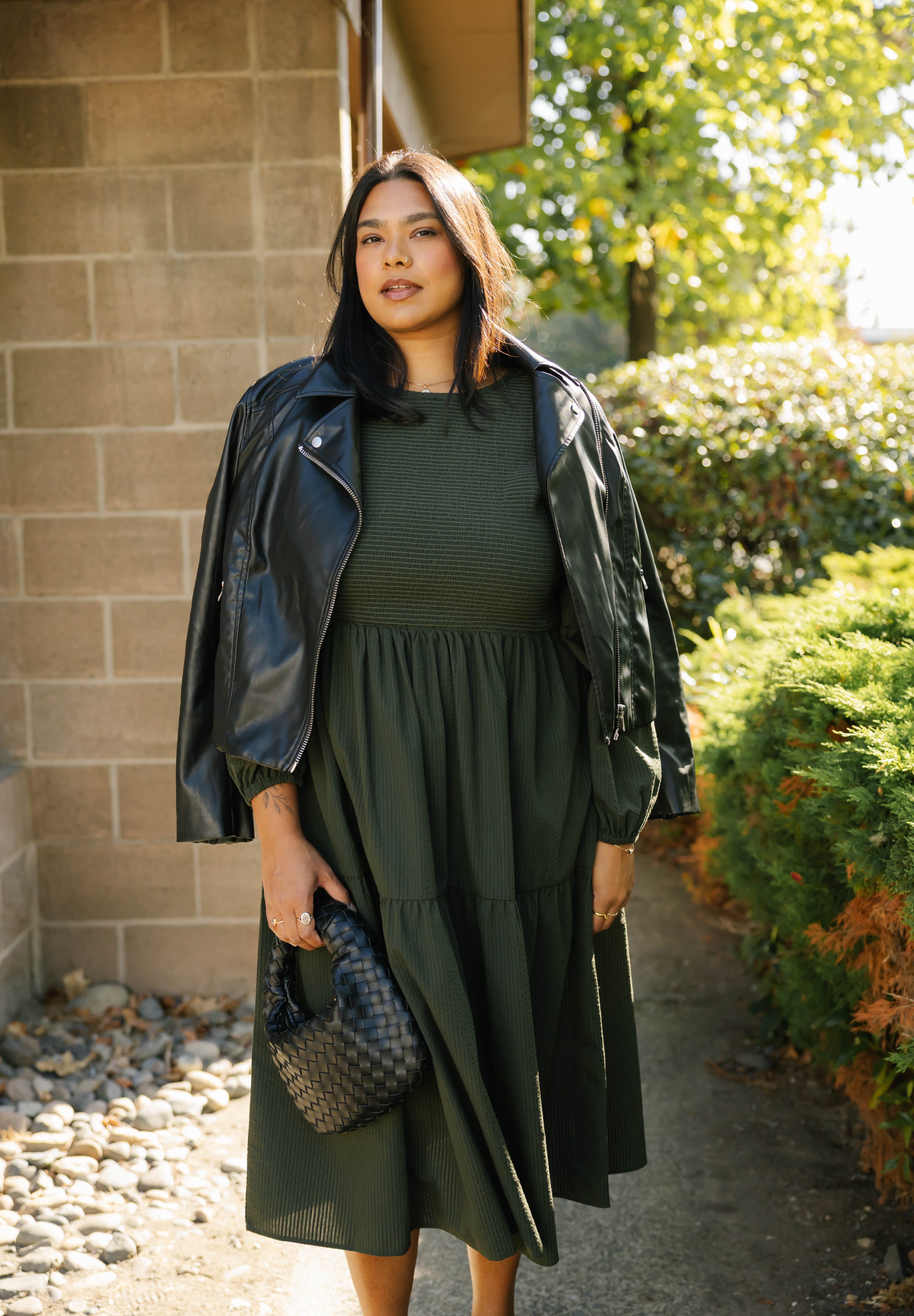 Vera Smocked Midi Dress in Dark Olive
