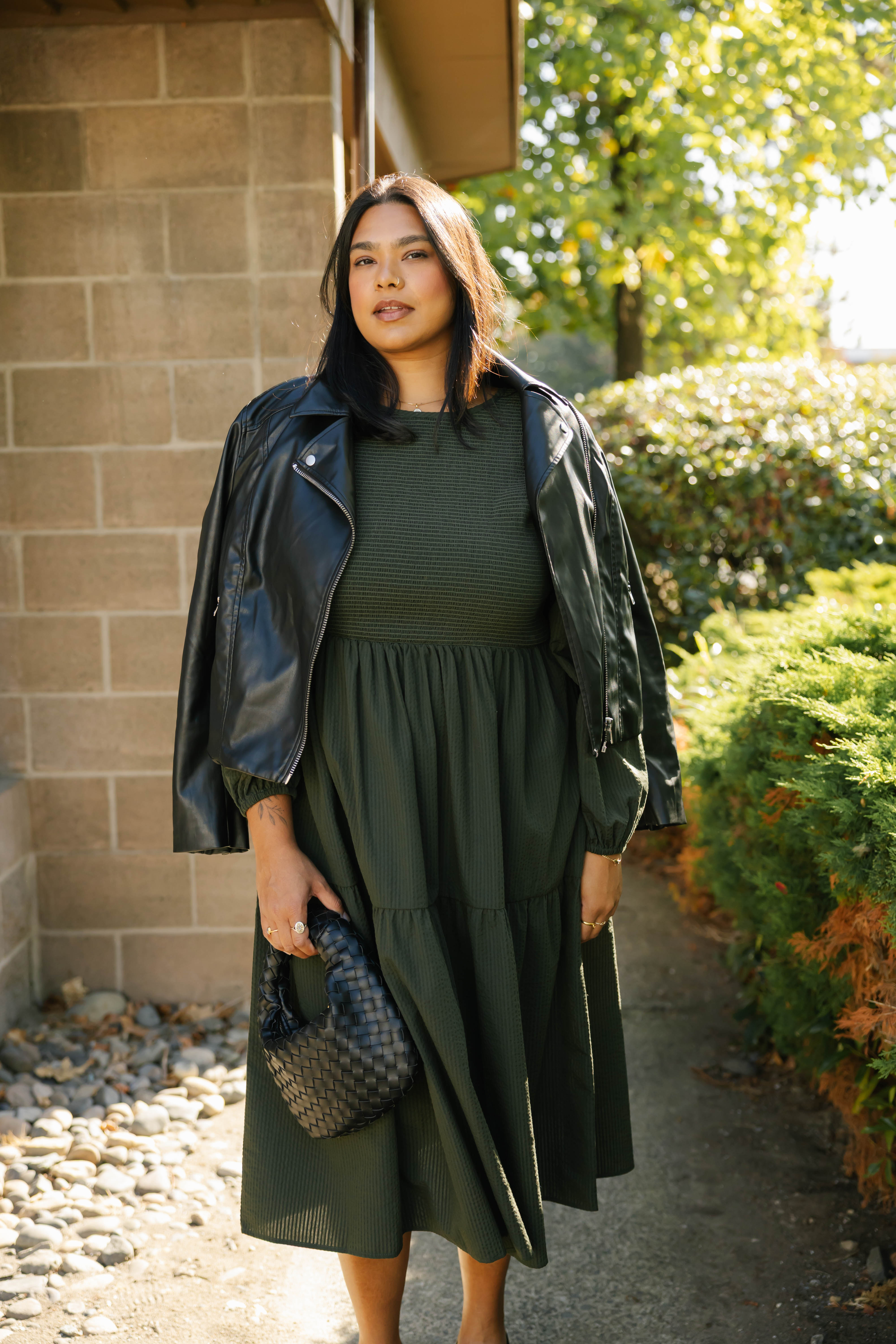 Vera Smocked Midi Dress in Dark Olive