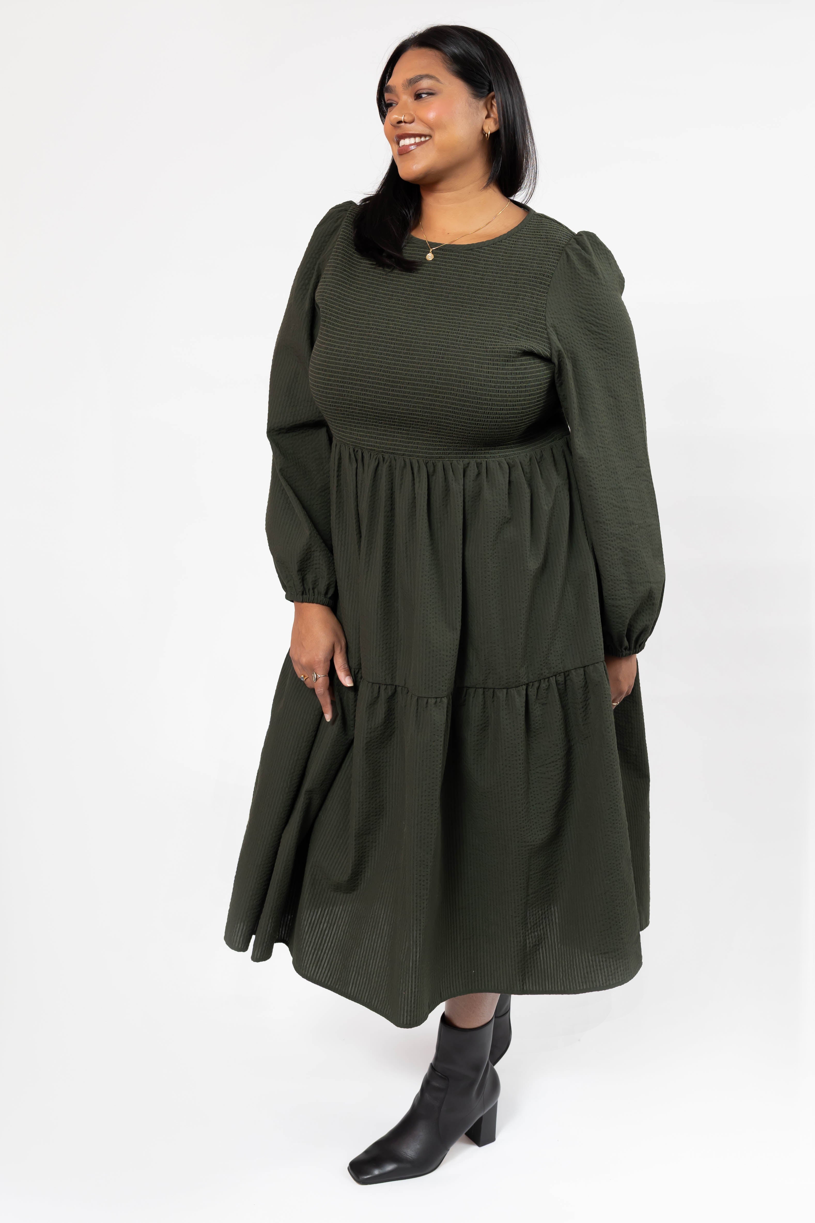 Vera Smocked Midi Dress in Dark Olive