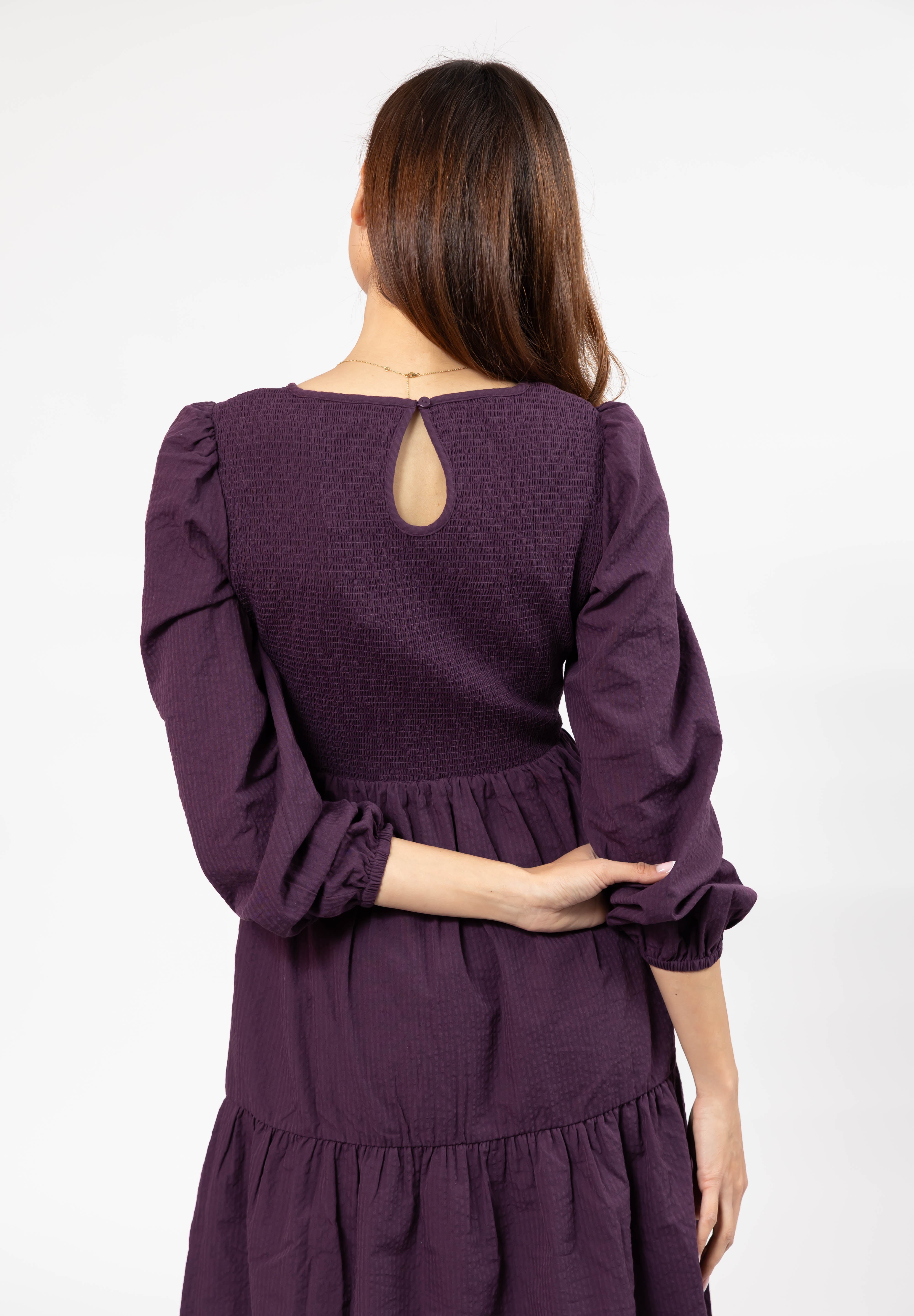 Vera Smocked Midi Dress in Deep Plum