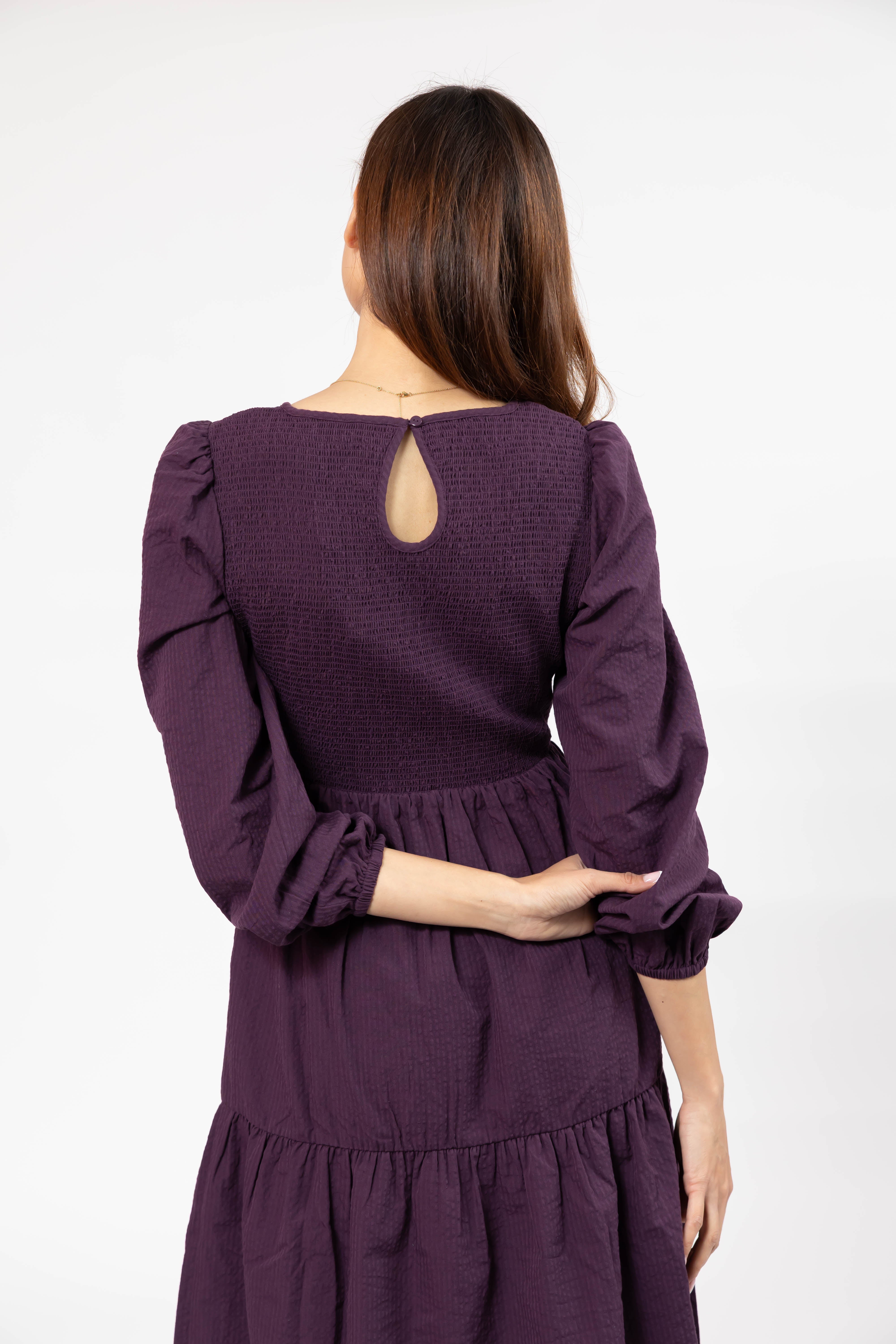 Vera Smocked Midi Dress in Deep Plum