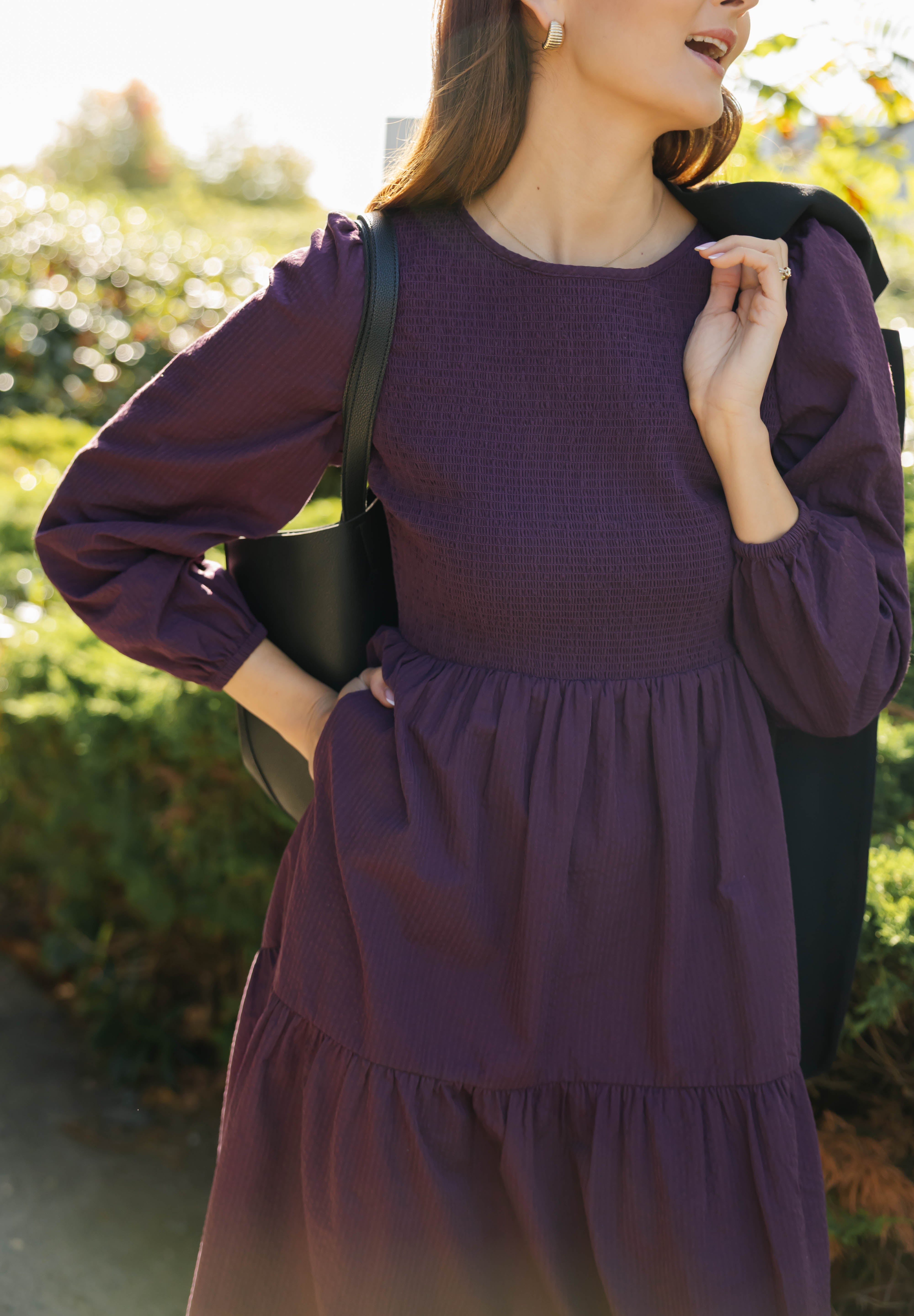 Vera Smocked Midi Dress in Deep Plum