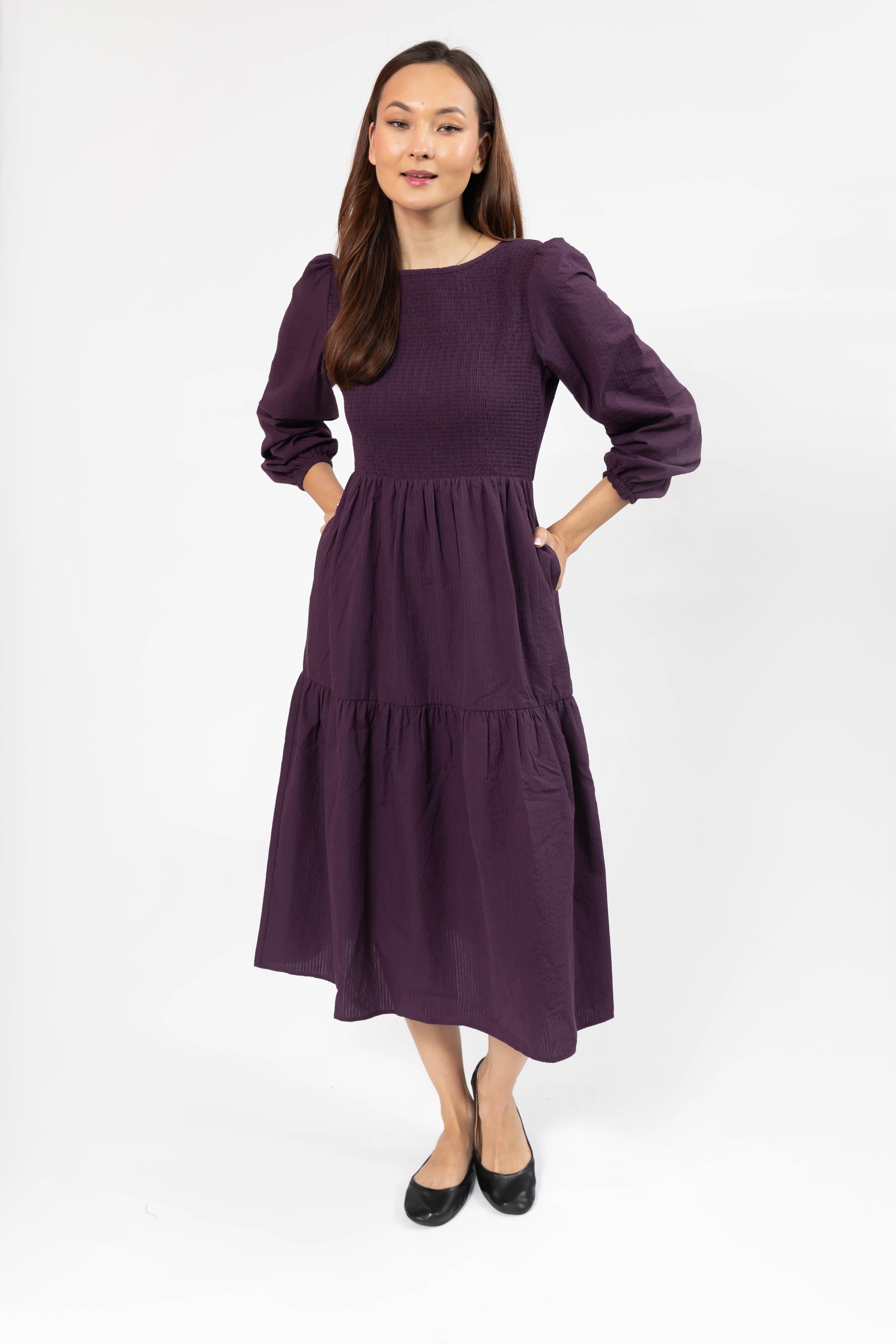 Vera Smocked Midi Dress in Deep Plum