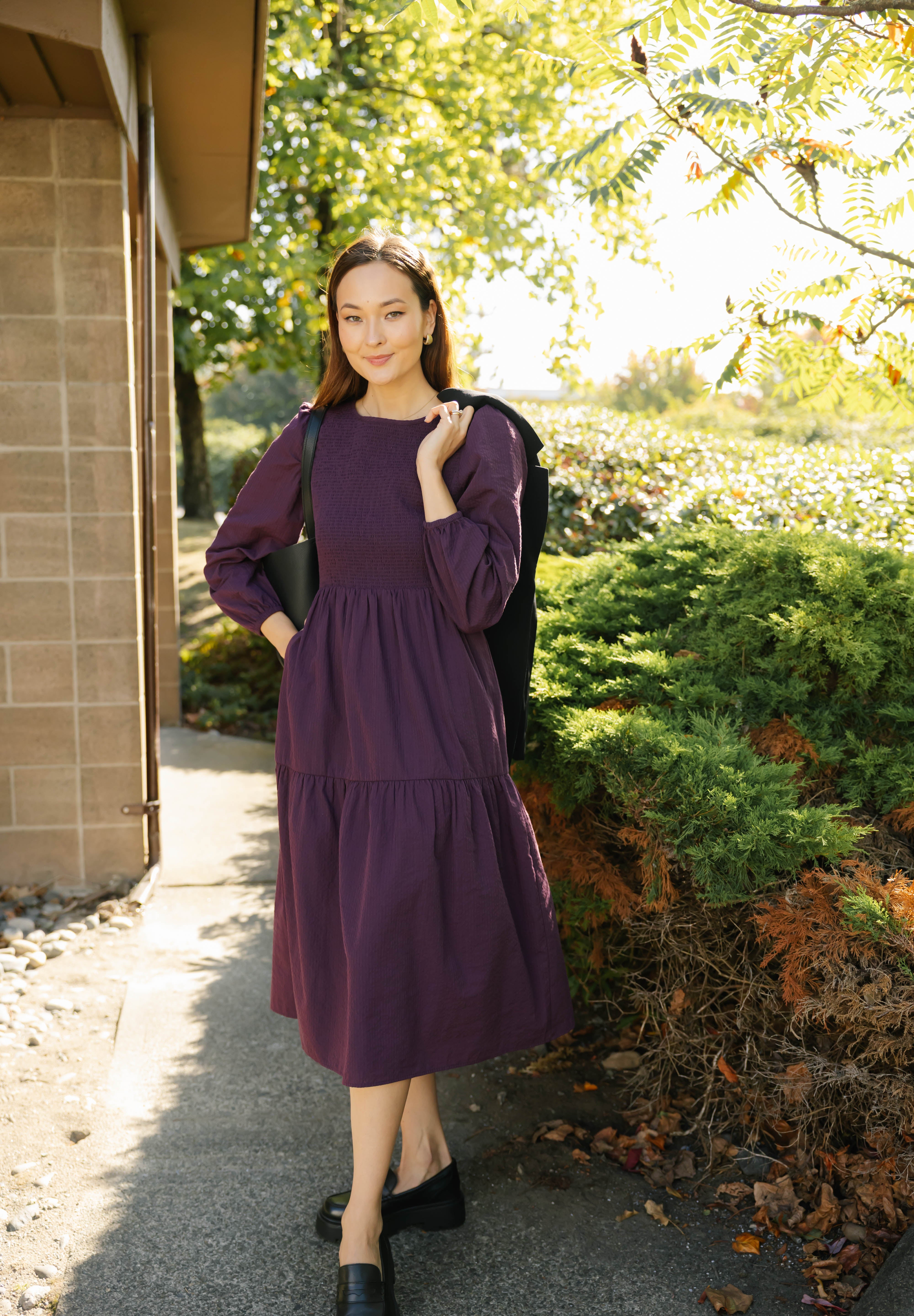 Vera Smocked Midi Dress in Deep Plum