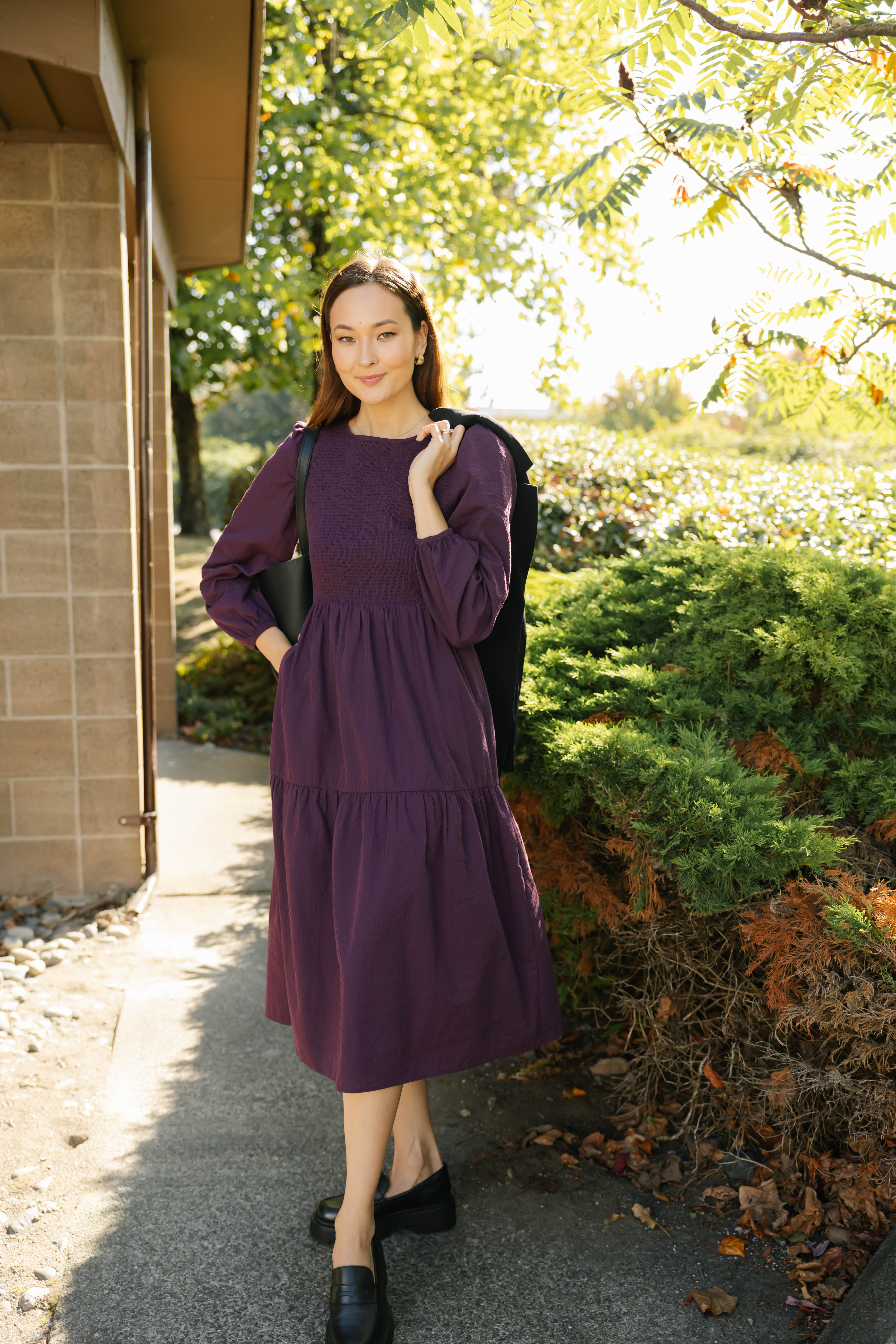 Vera Smocked Midi Dress in Deep Plum