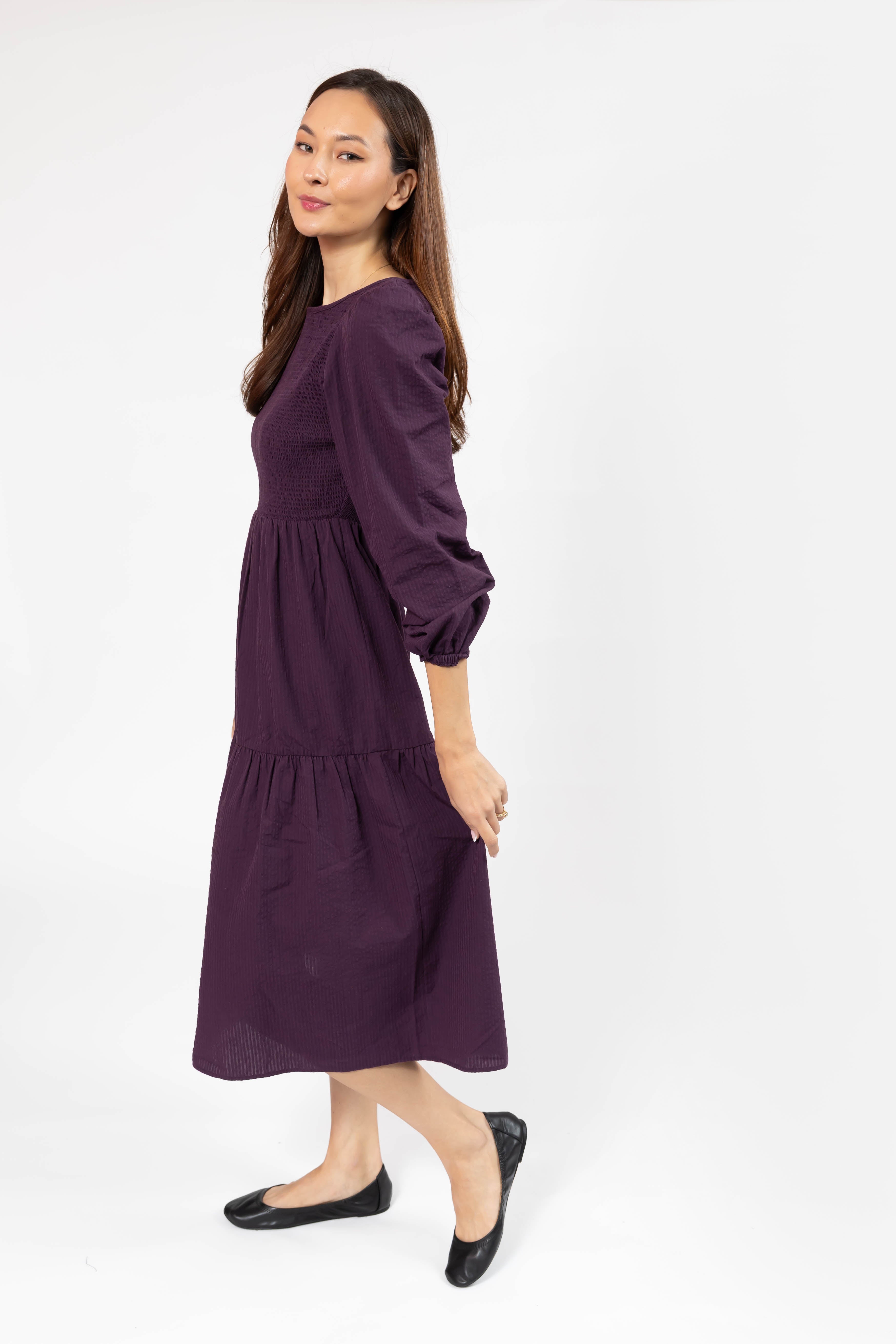 Vera Smocked Midi Dress in Deep Plum