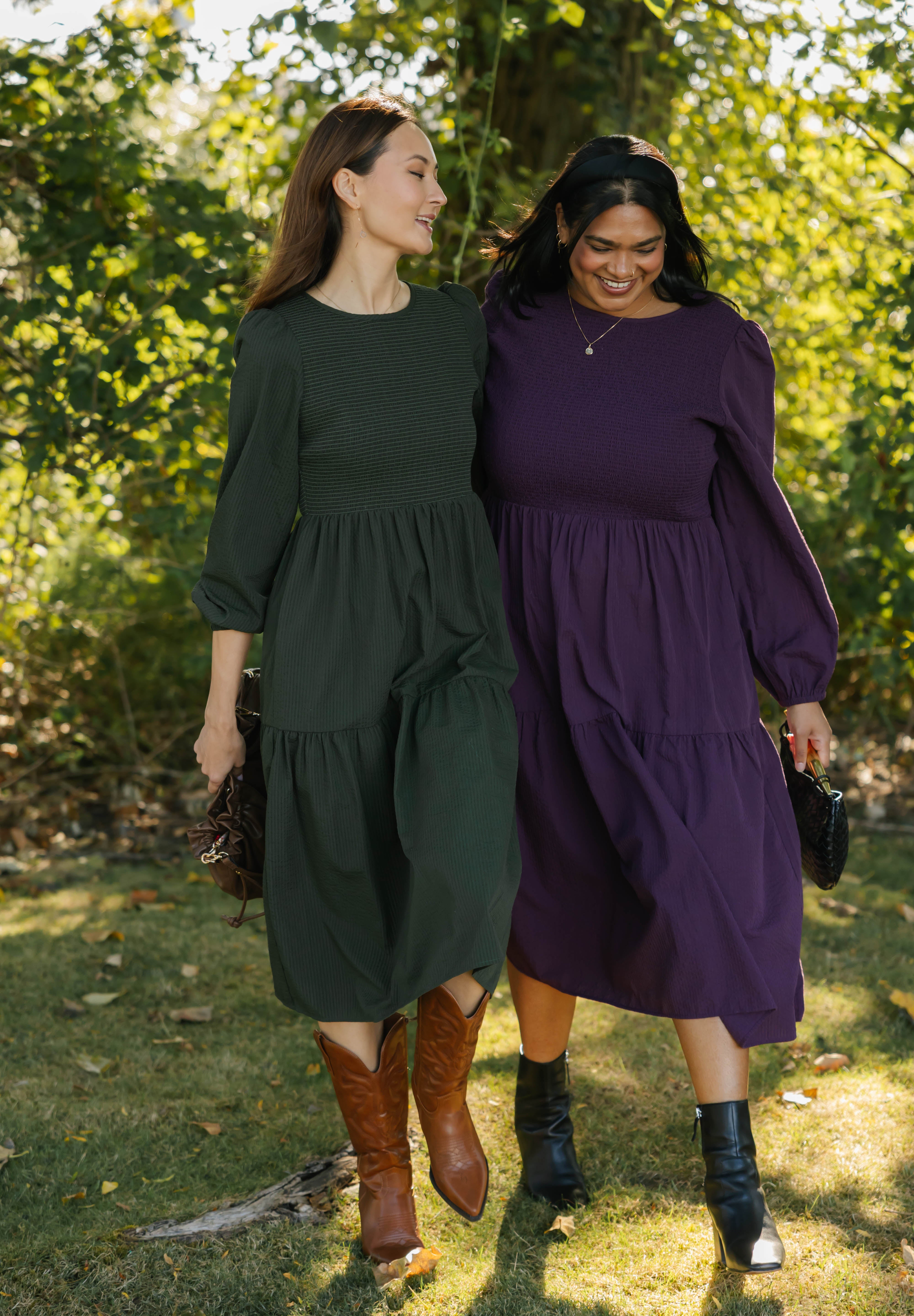 Vera Smocked Midi Dress in Deep Plum