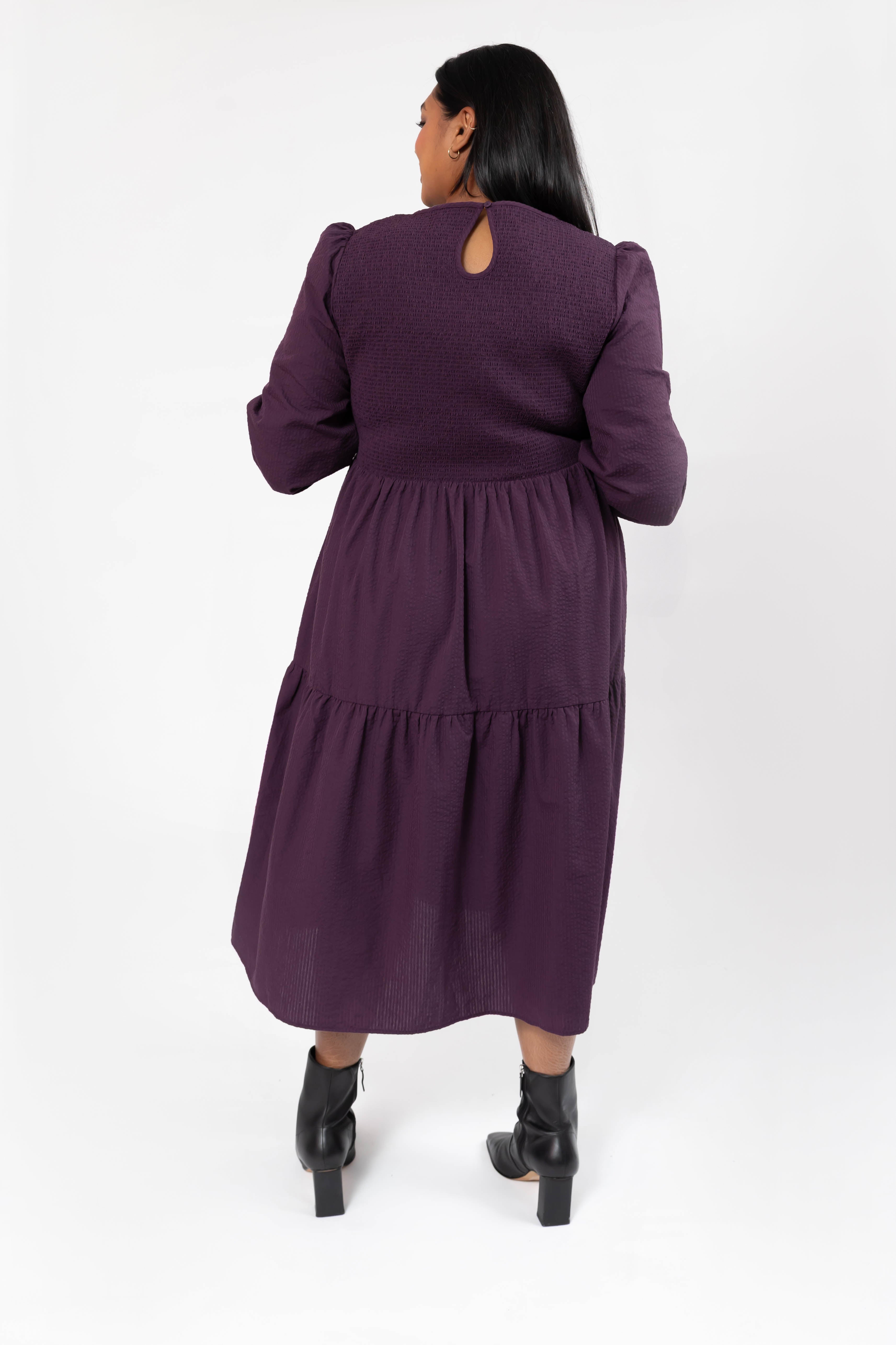 Vera Smocked Midi Dress in Deep Plum