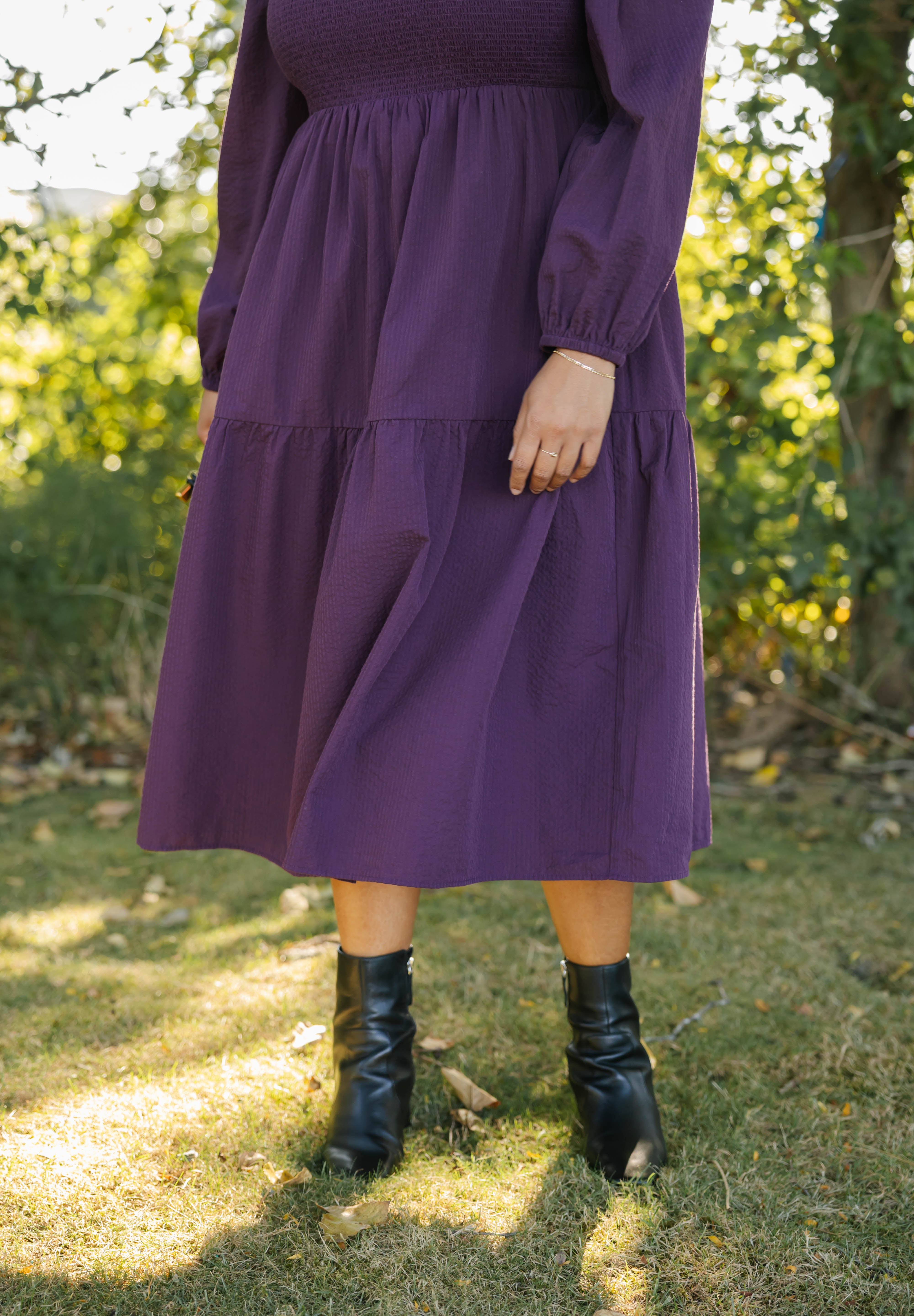 Vera Smocked Midi Dress in Deep Plum