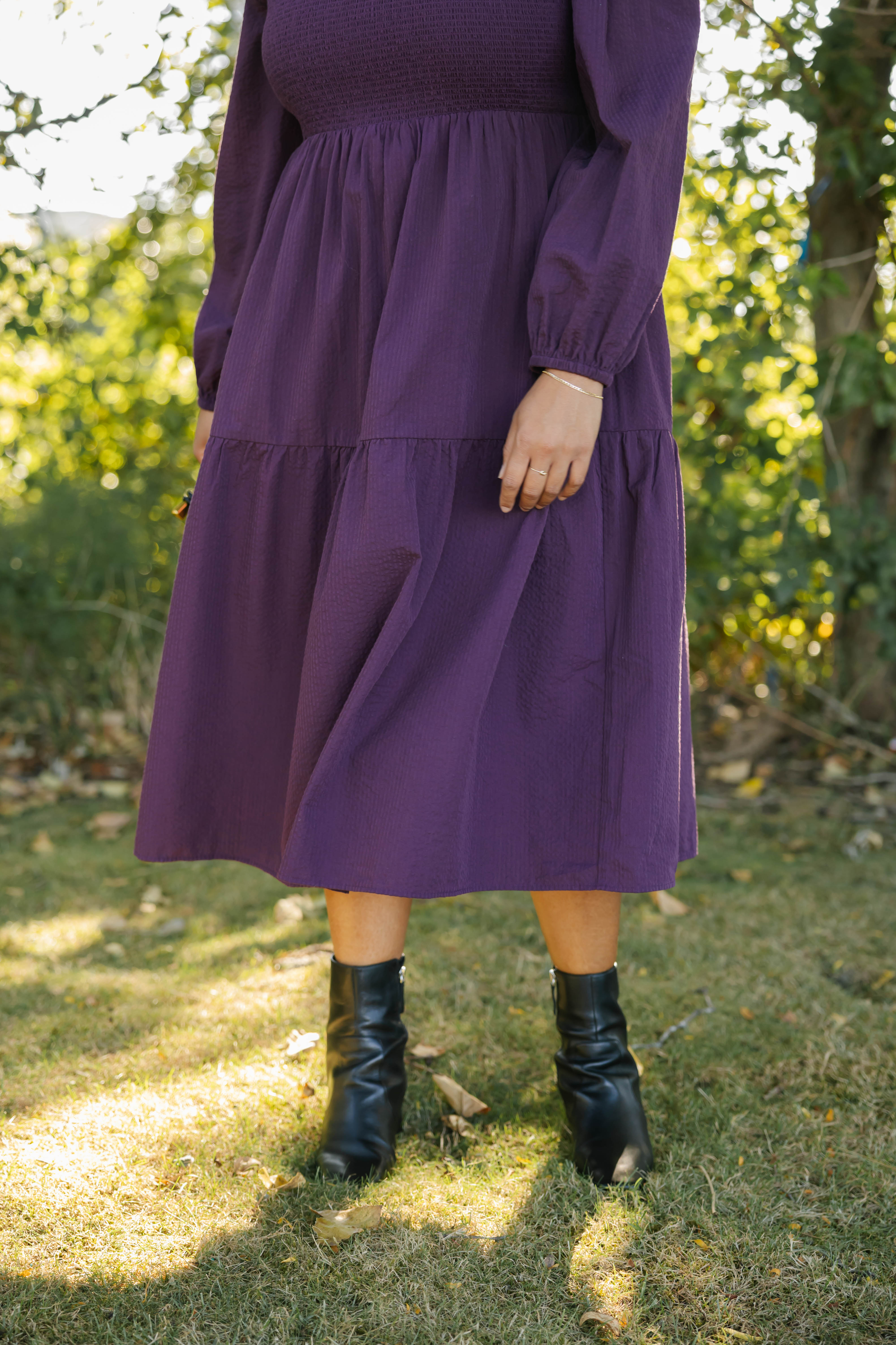 Vera Smocked Midi Dress in Deep Plum