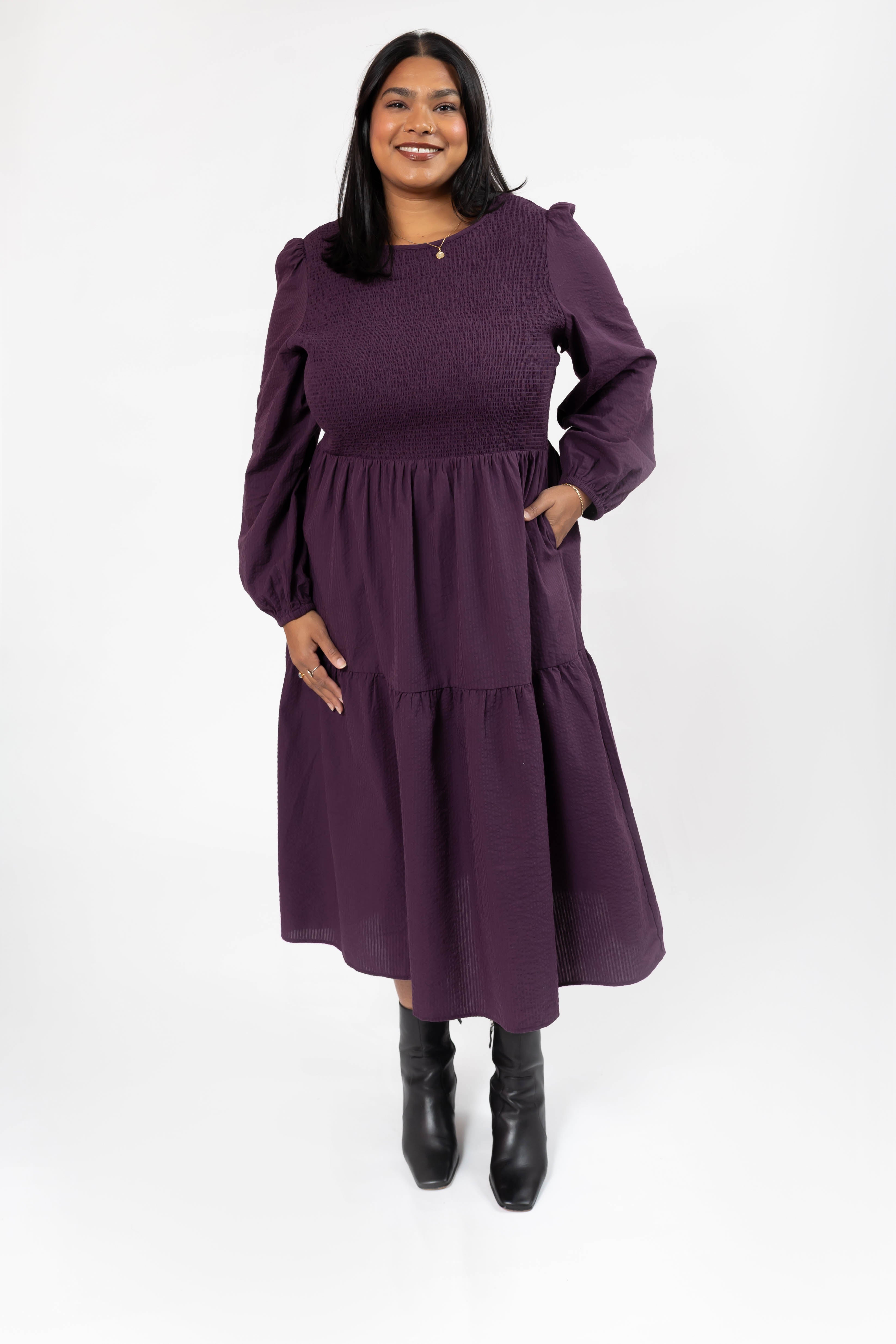 Vera Smocked Midi Dress in Deep Plum