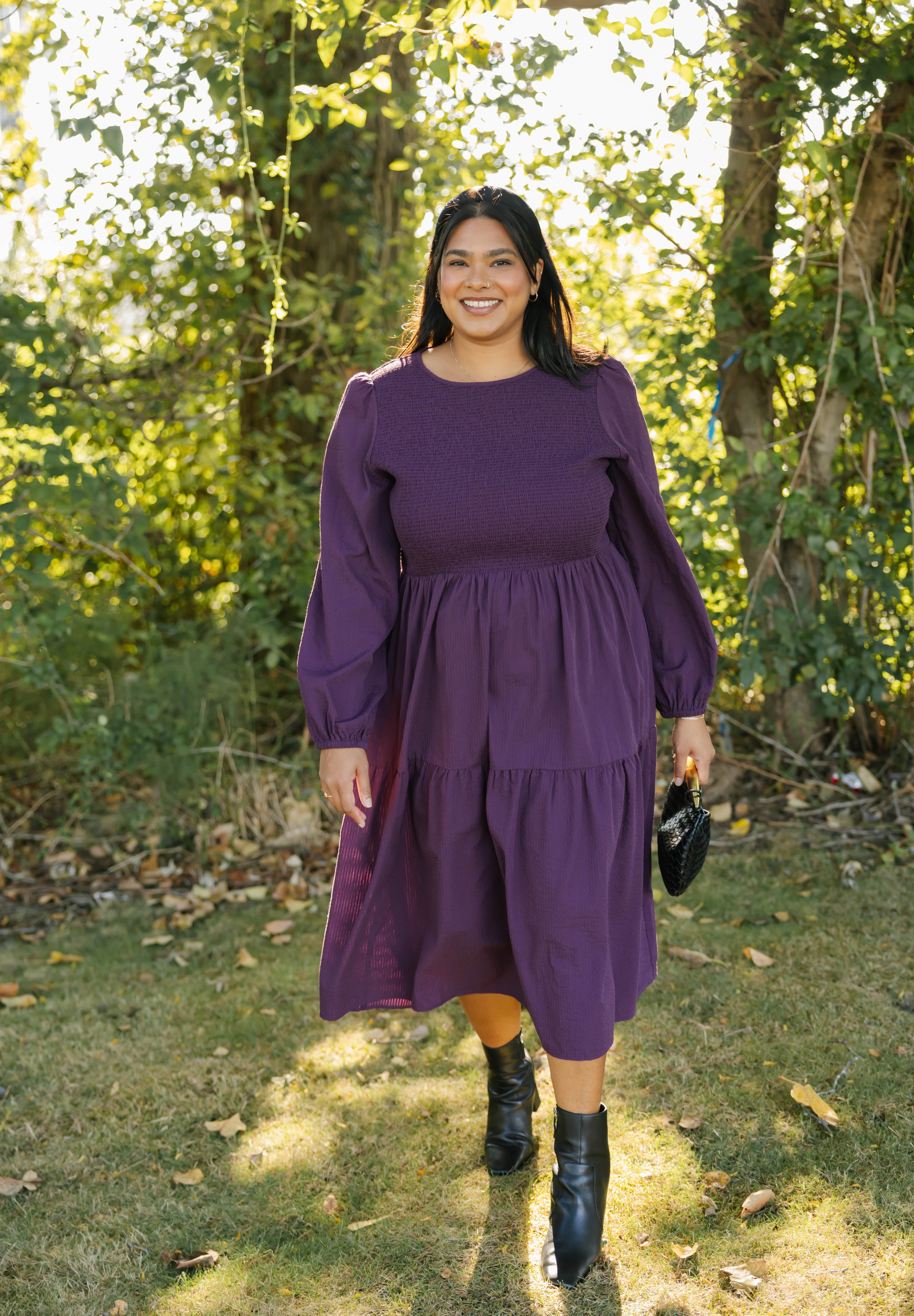 Vera Smocked Midi Dress in Deep Plum