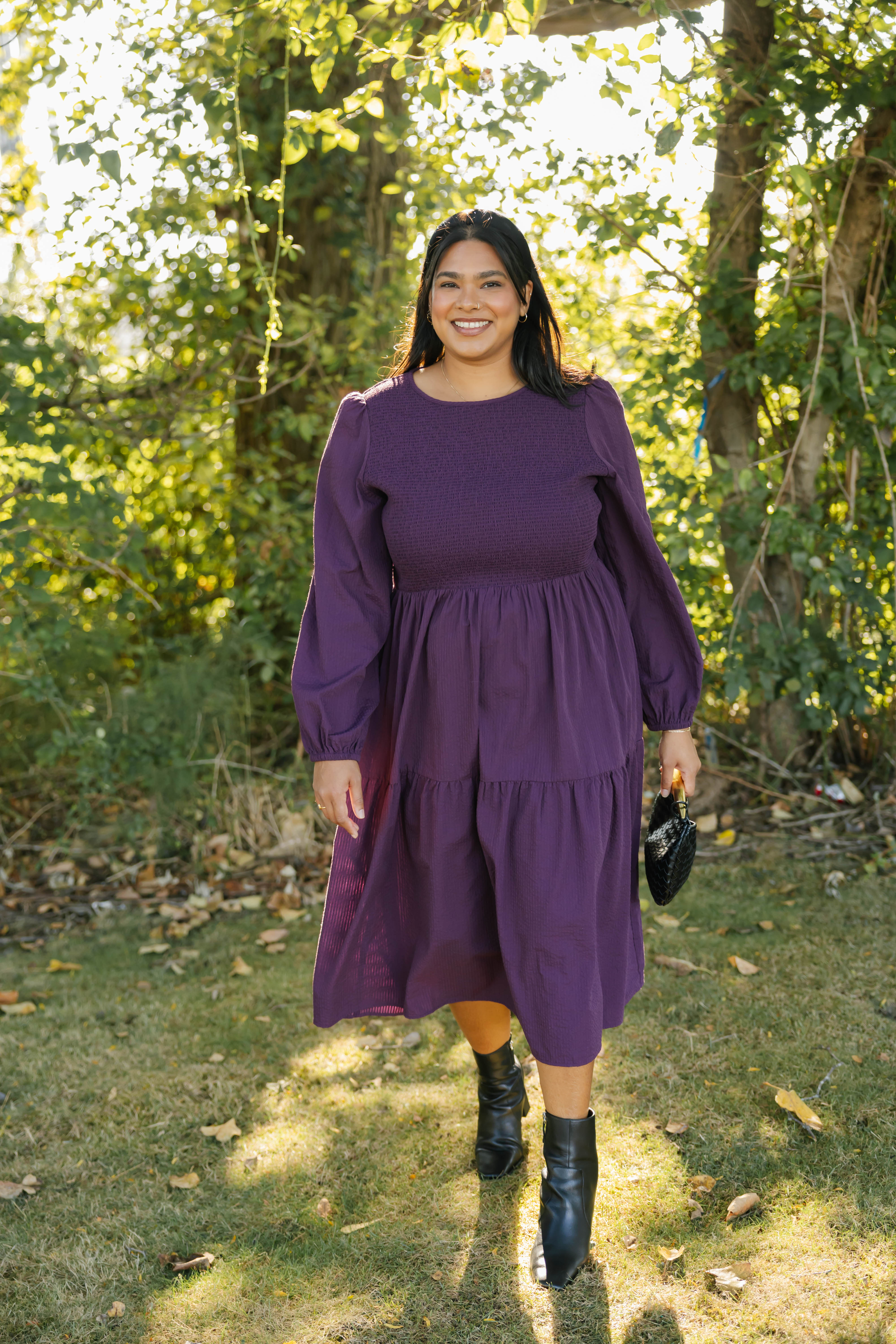 Vera Smocked Midi Dress in Deep Plum