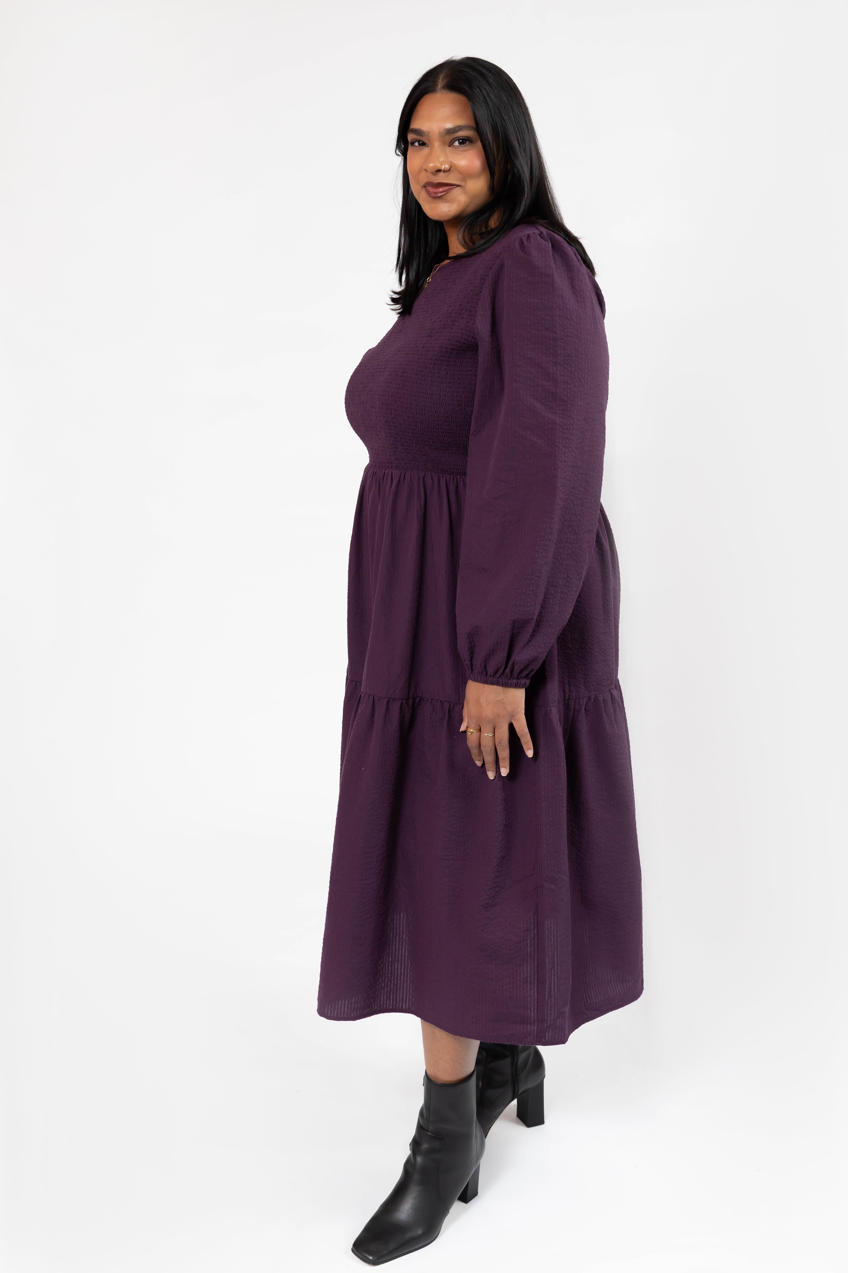 Vera Smocked Midi Dress in Deep Plum